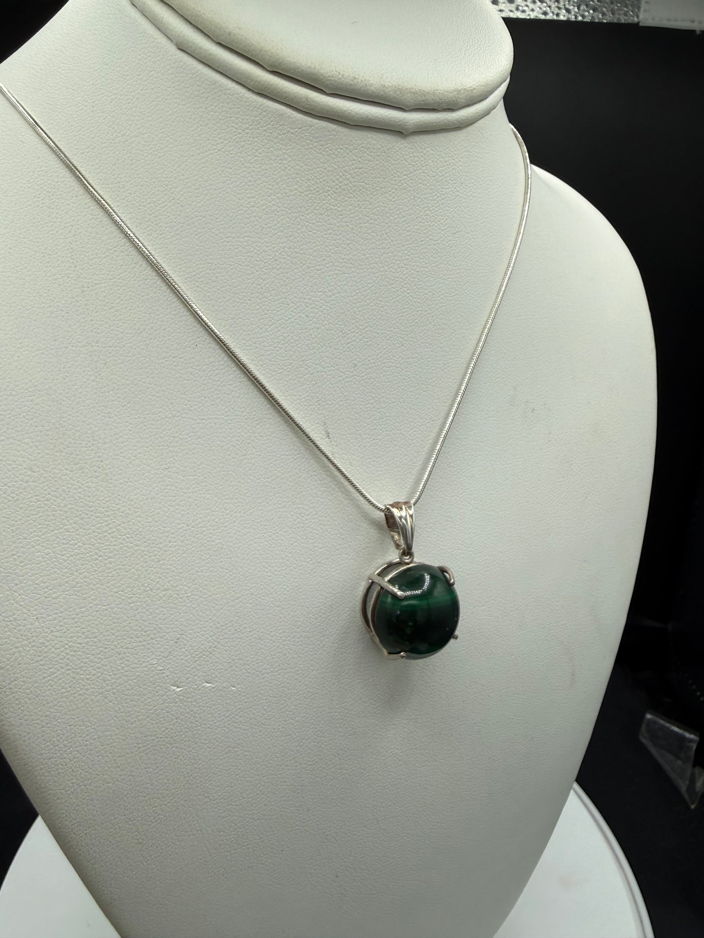Natural Malachite Sterling Silver Pendant & Necklace | 18 Inches Length