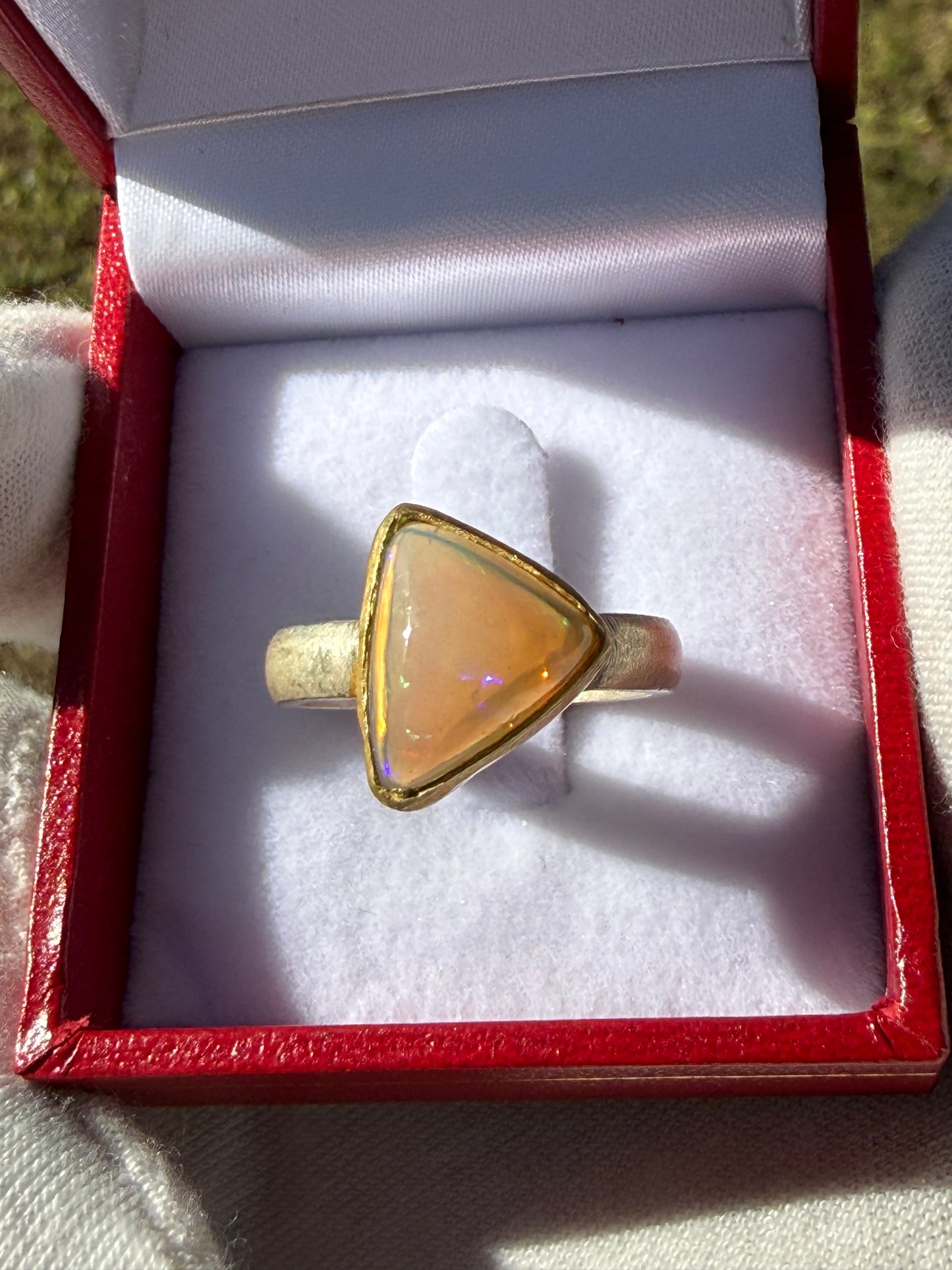 Natural Ethiopian Trillion Opal Ring | 2.8–3.0 Ct | Sterling Silver & 18K Gold Bezel | Matte Finish | Size 8