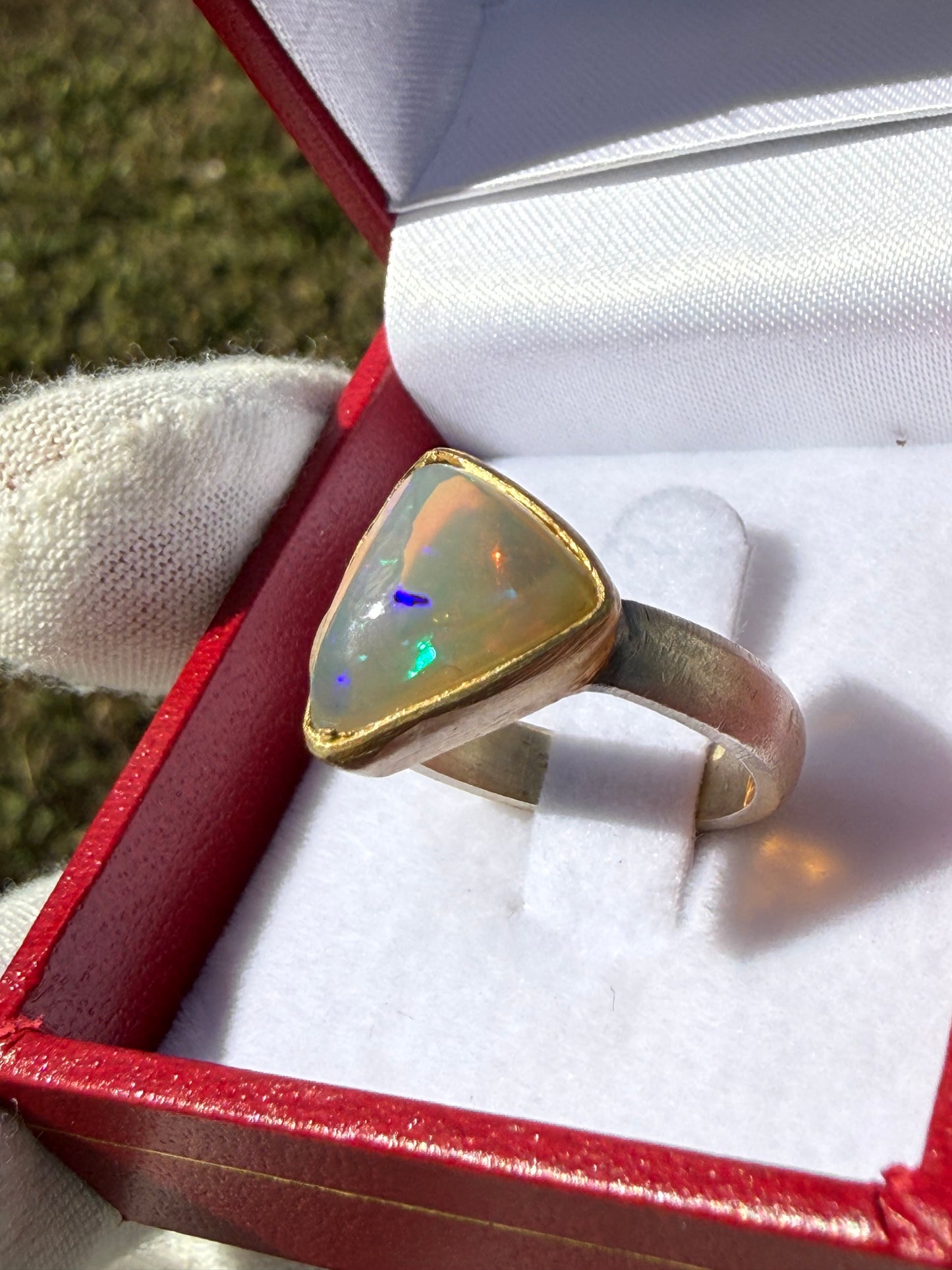 Natural Ethiopian Trillion Opal Ring | 2.8–3.0 Ct | Sterling Silver & 18K Gold Bezel | Matte Finish | Size 8
