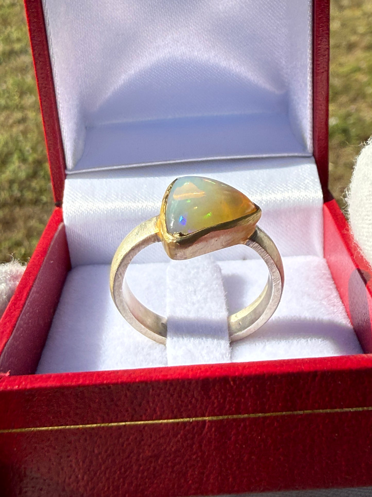 Natural Ethiopian Trillion Opal Ring | 2.8–3.0 Ct | Sterling Silver & 18K Gold Bezel | Matte Finish | Size 8