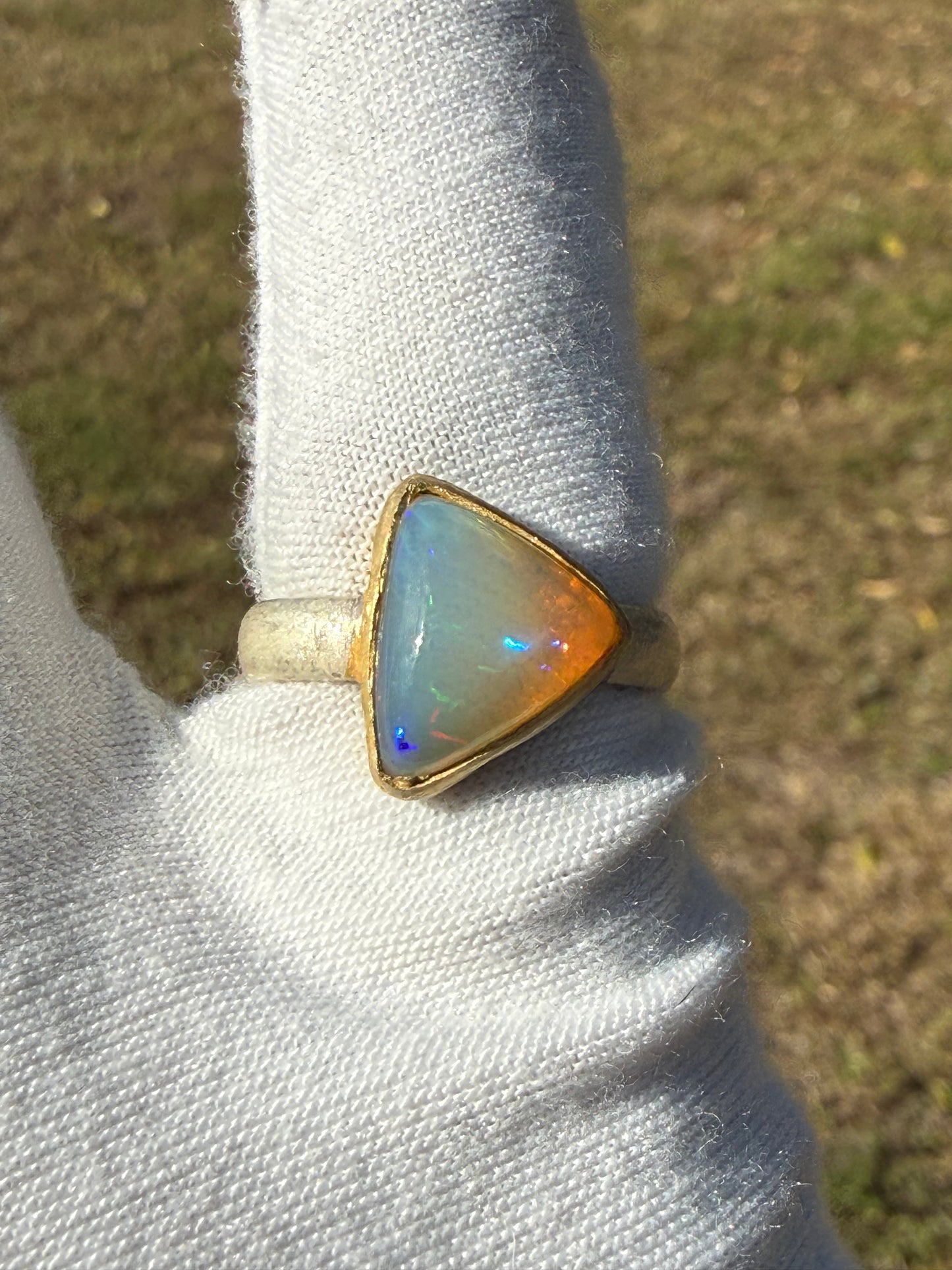 Natural Ethiopian Trillion Opal Ring | 2.8–3.0 Ct | Sterling Silver & 18K Gold Bezel | Matte Finish | Size 8