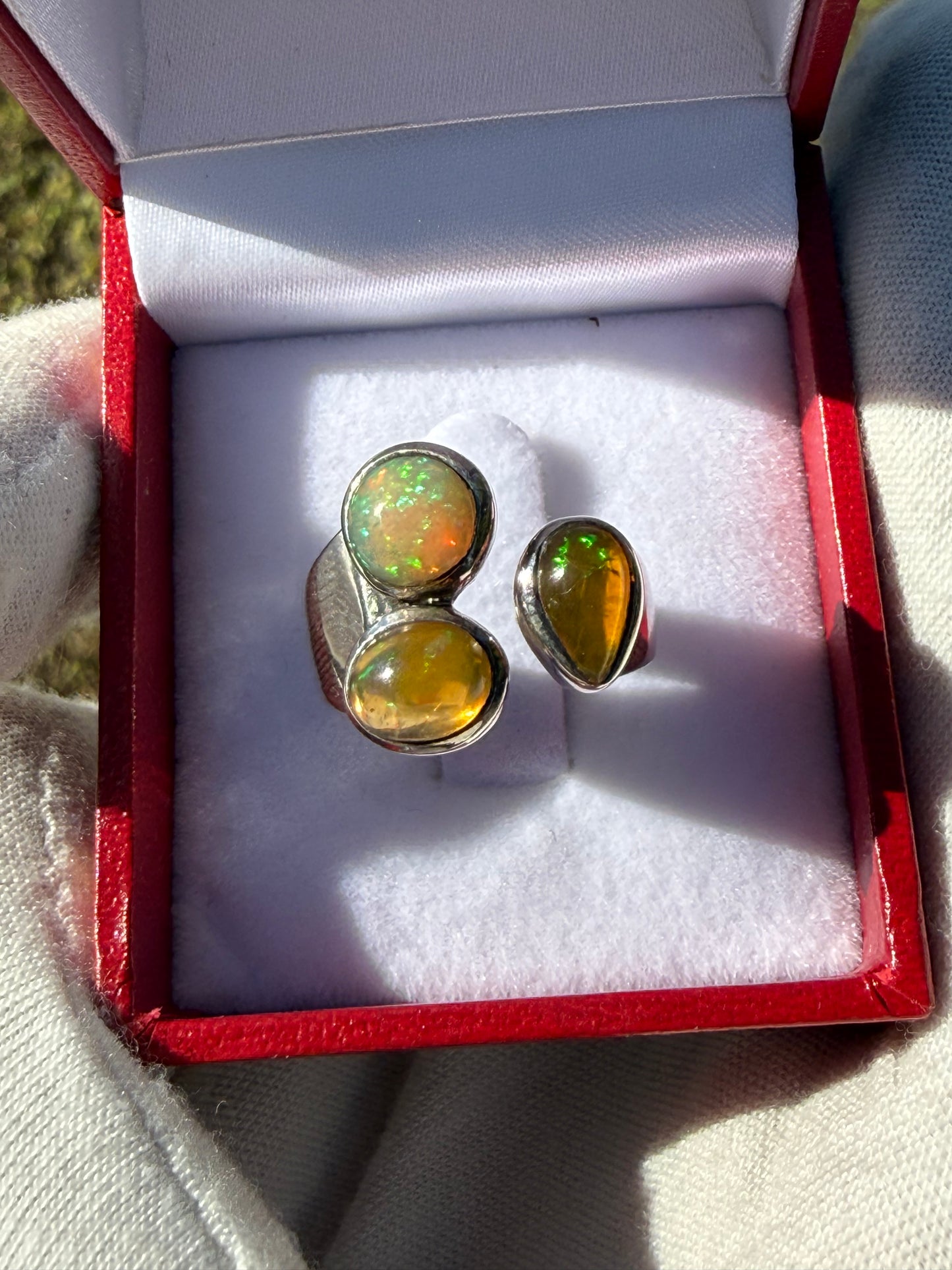 Handmade Natural Ethiopian Opal Ring 925 Sterling Silver - Unique 3-Stone Cluster Ring - Adjustable Size 6.5-9