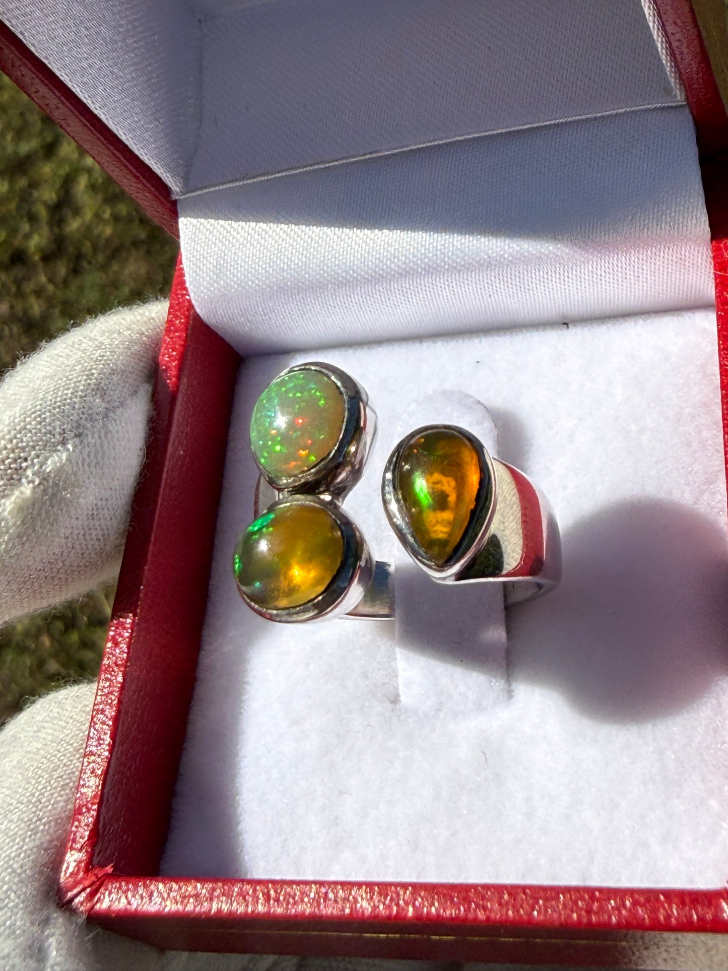 Handmade Natural Ethiopian Opal Ring 925 Sterling Silver - Unique 3-Stone Cluster Ring - Adjustable Size 6.5-9