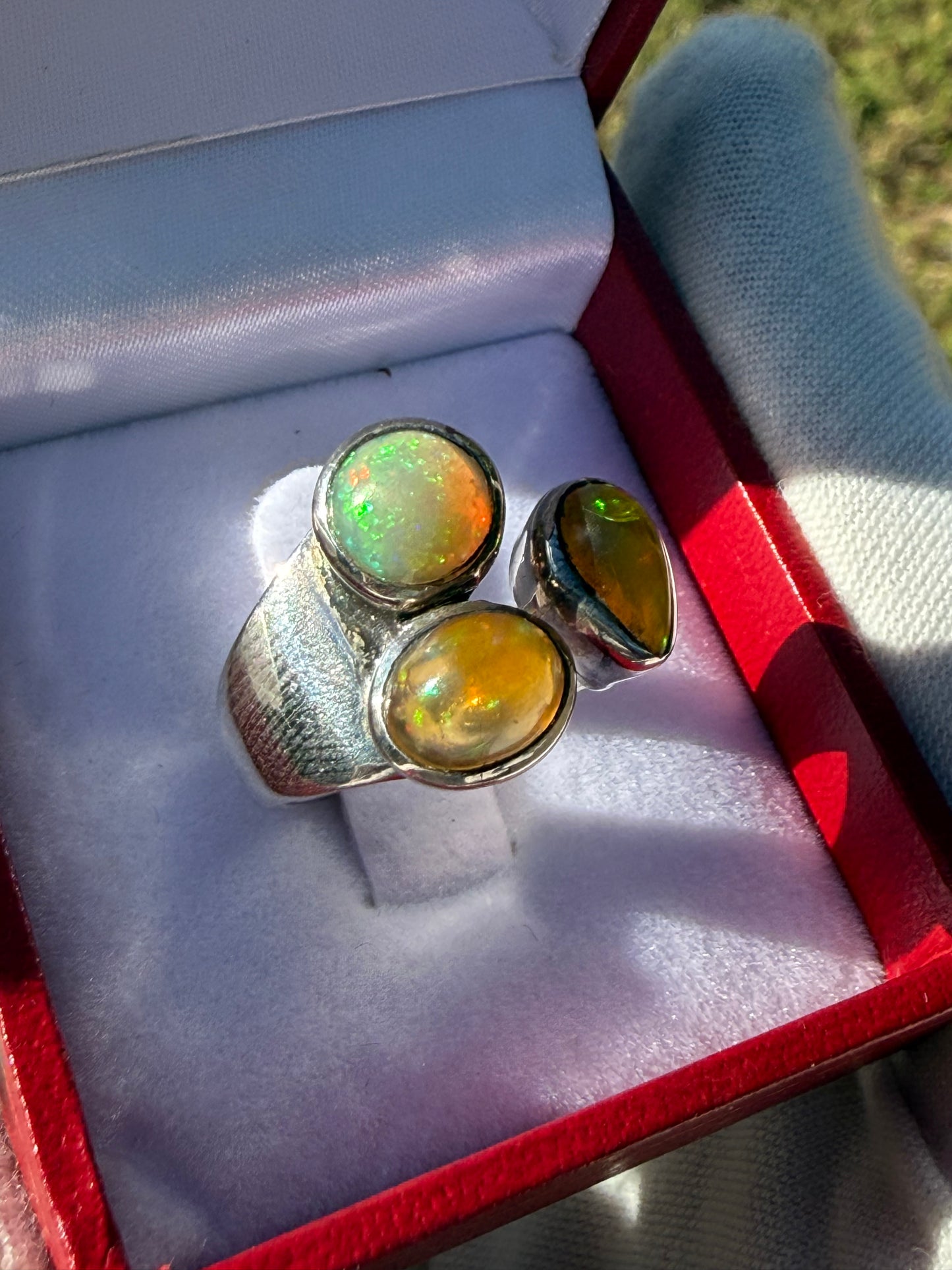 Handmade Natural Ethiopian Opal Ring 925 Sterling Silver - Unique 3-Stone Cluster Ring - Adjustable Size 6.5-9