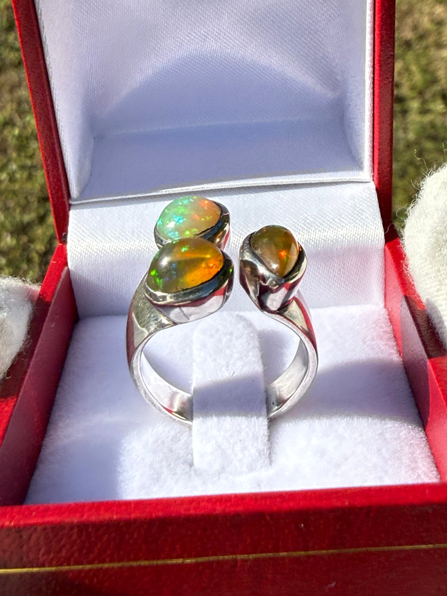 Handmade Natural Ethiopian Opal Ring 925 Sterling Silver - Unique 3-Stone Cluster Ring - Adjustable Size 6.5-9