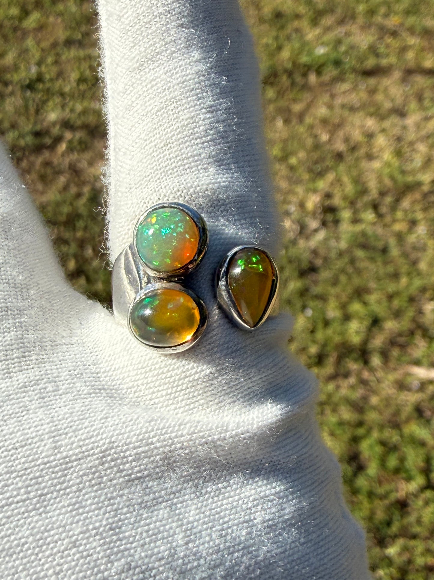 Handmade Natural Ethiopian Opal Ring 925 Sterling Silver - Unique 3-Stone Cluster Ring - Adjustable Size 6.5-9
