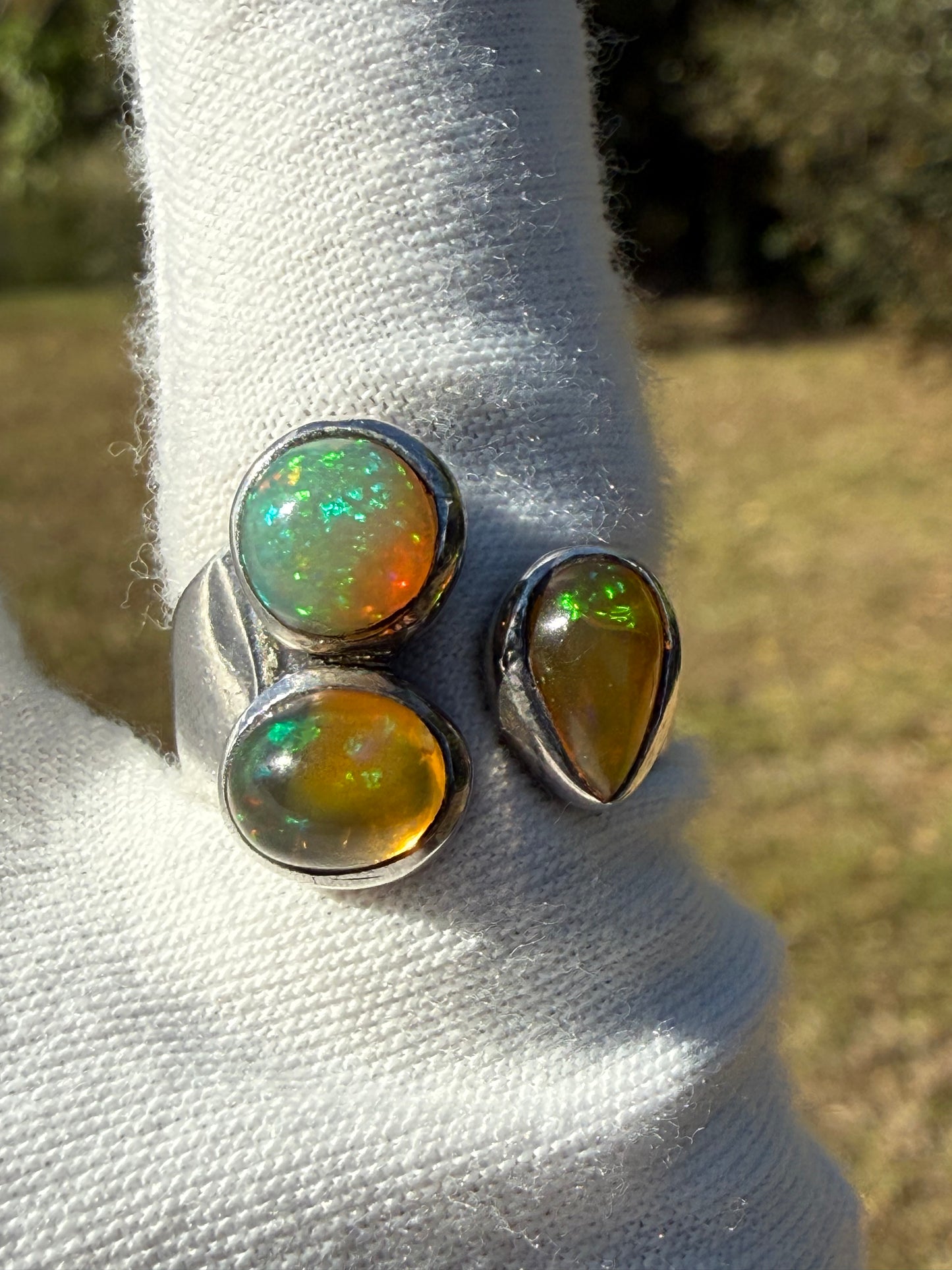 Handmade Natural Ethiopian Opal Ring 925 Sterling Silver - Unique 3-Stone Cluster Ring - Adjustable Size 6.5-9