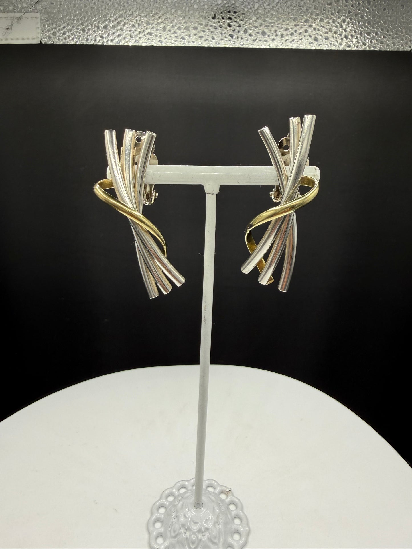 Bold Mexican Modernist Two-Tone Sterling Silver Sculptural Clip-On Earrings