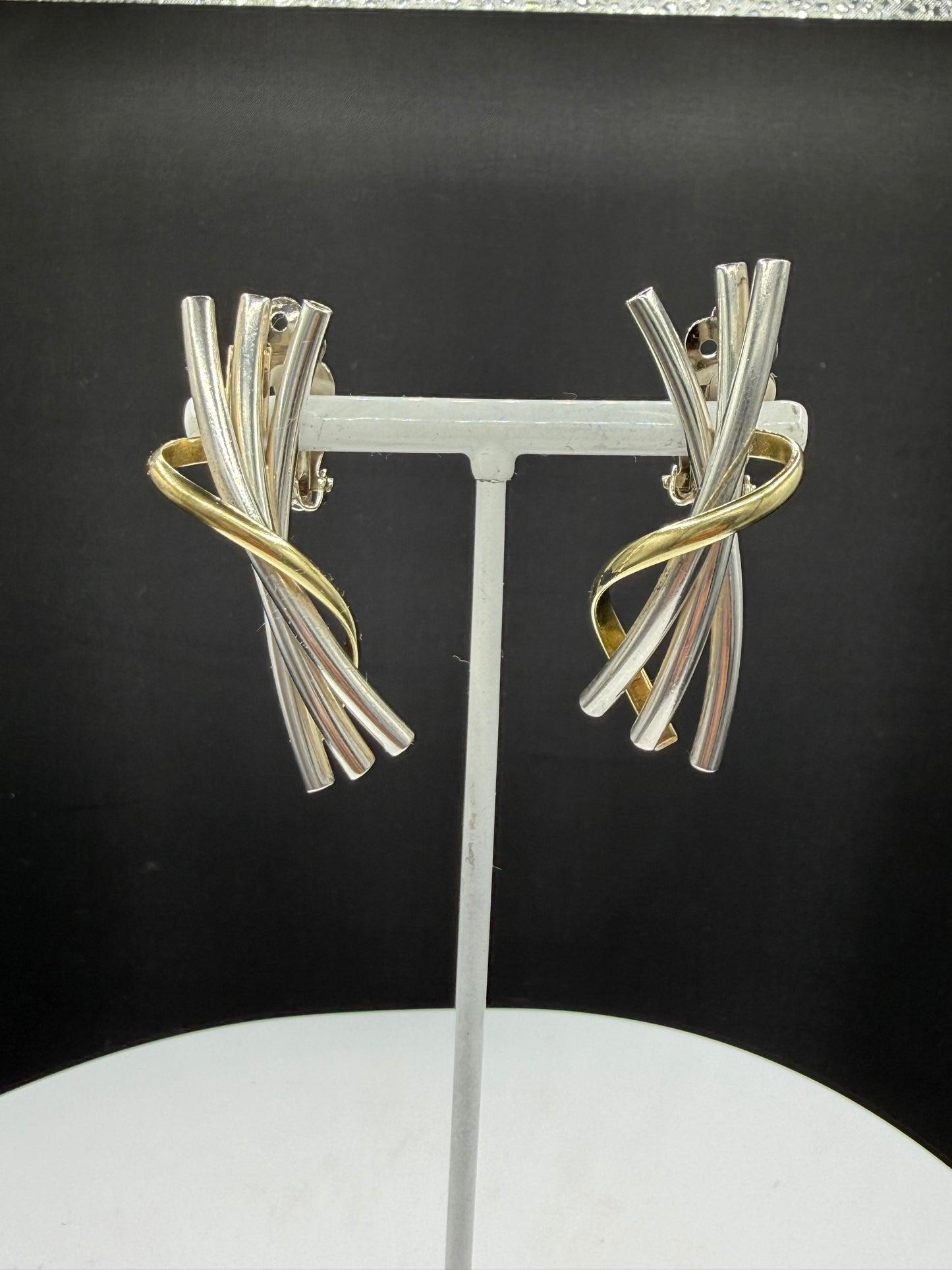 Bold Mexican Modernist Two-Tone Sterling Silver Sculptural Clip-On Earrings