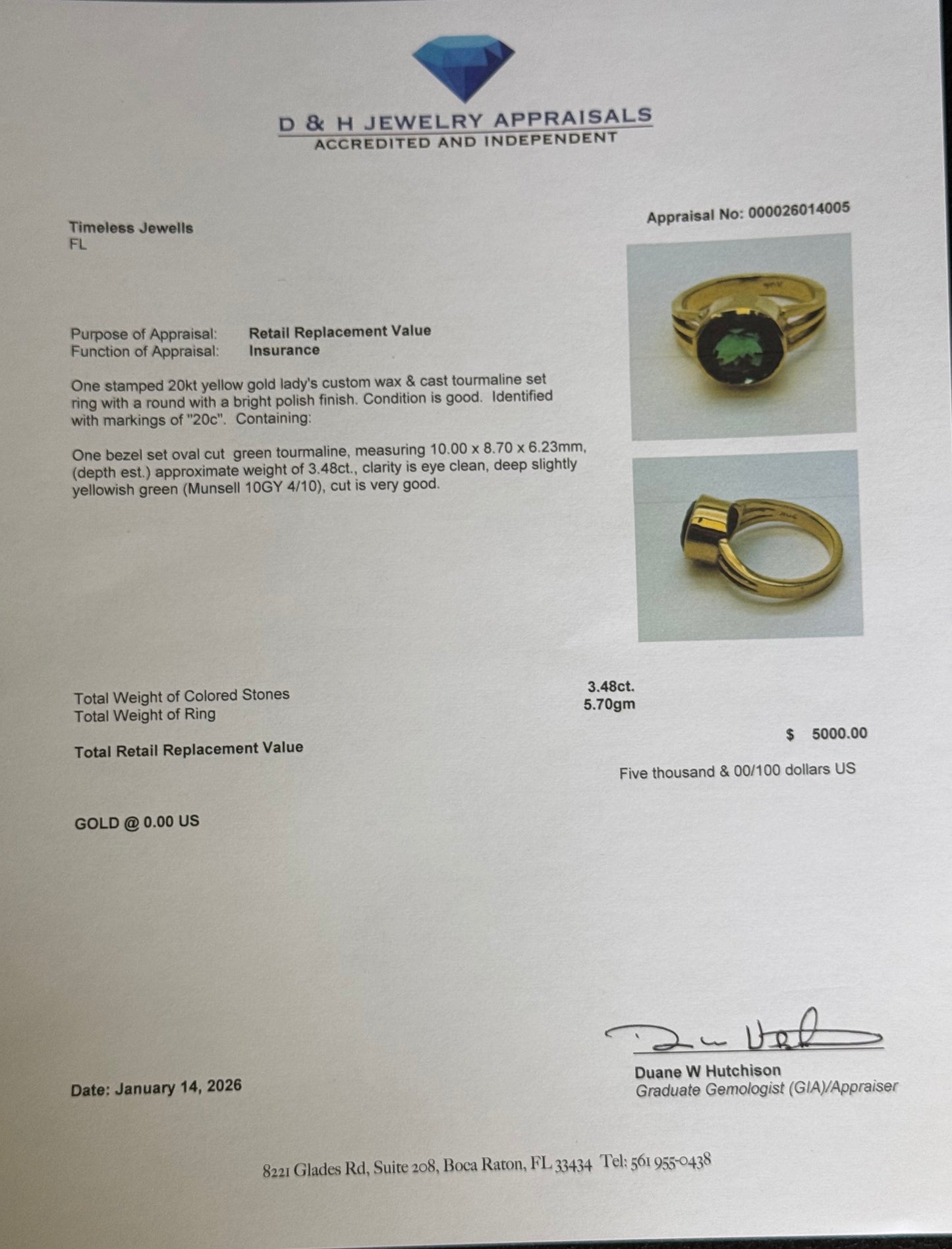 3.48 Carat Natural Chrome Tourmaline 20k Yellow Gold Ring | Custom Oval Green Gem | Size 5.5