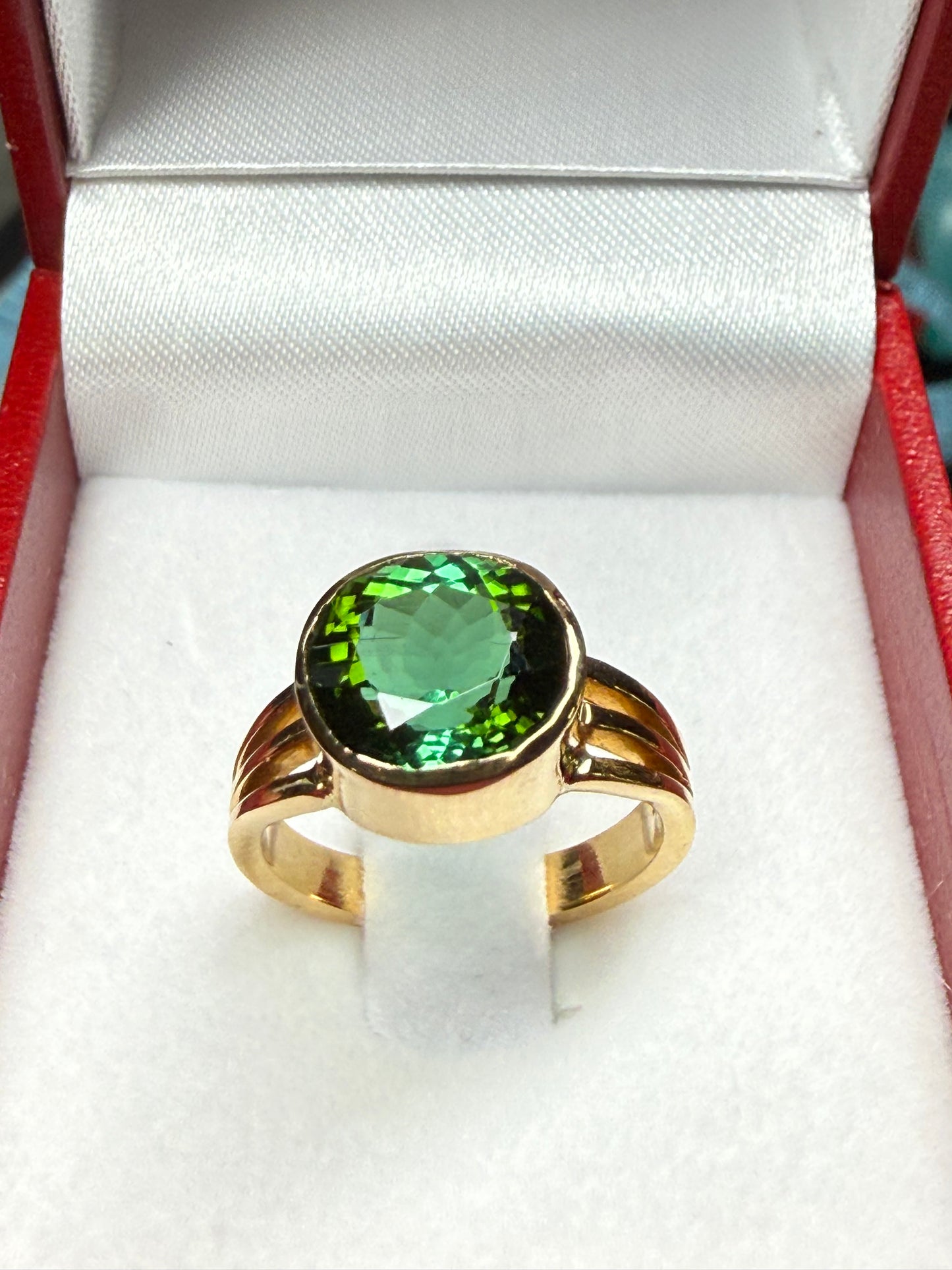 3.48 Carat Natural Chrome Tourmaline 20k Yellow Gold Ring | Custom Oval Green Gem | Size 5.5
