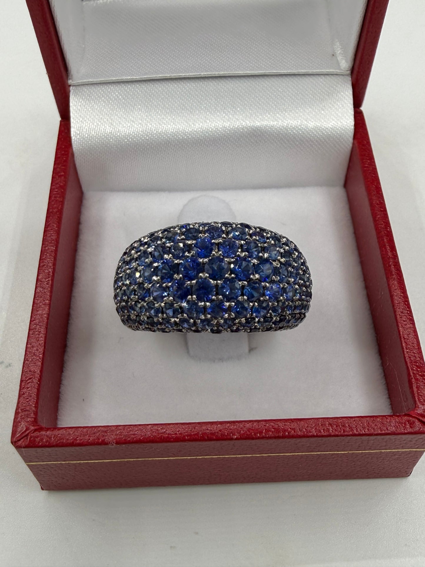 11.55 Carat Natural Blue Sapphire Cluster 18k White Gold Ring | Pavé Dome | Vintage Style Cocktail Ring | Size 7