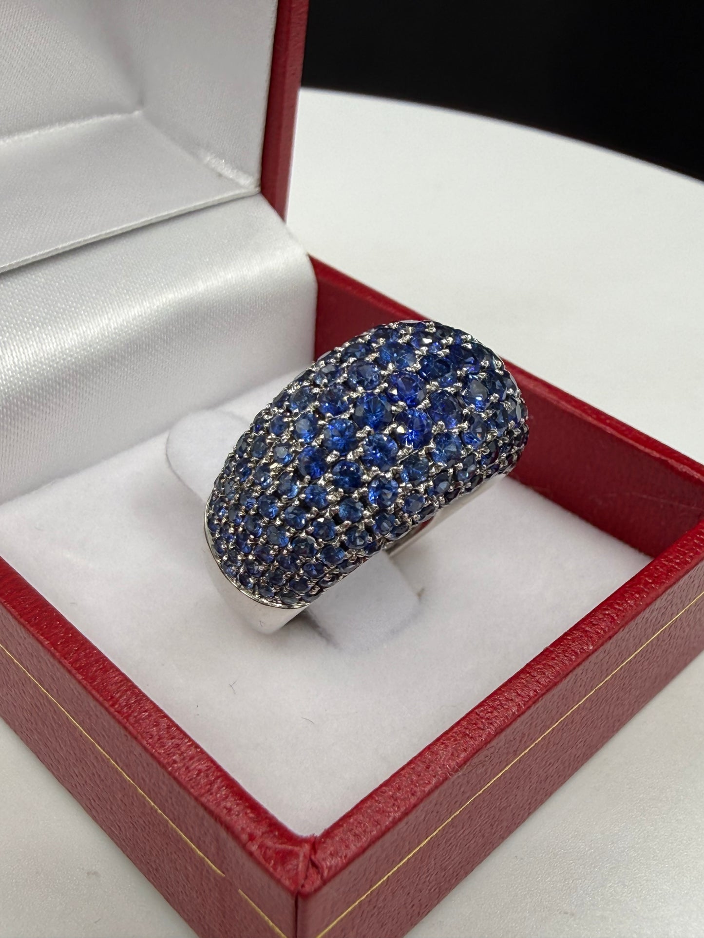 11.55 Carat Natural Blue Sapphire Cluster 18k White Gold Ring | Pavé Dome | Vintage Style Cocktail Ring | Size 7