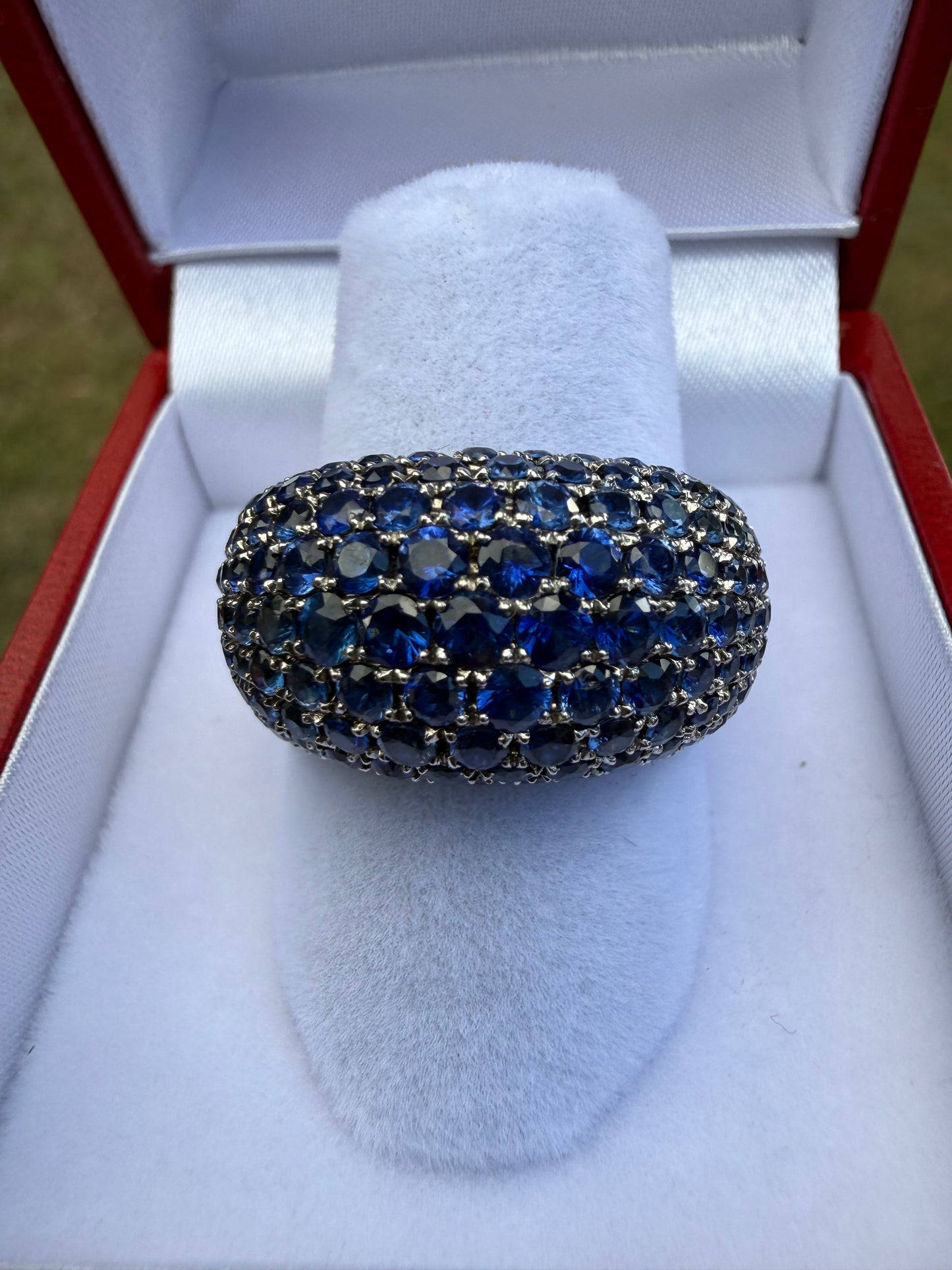 11.55 Carat Natural Blue Sapphire Cluster 18k White Gold Ring | Pavé Dome | Vintage Style Cocktail Ring | Size 7