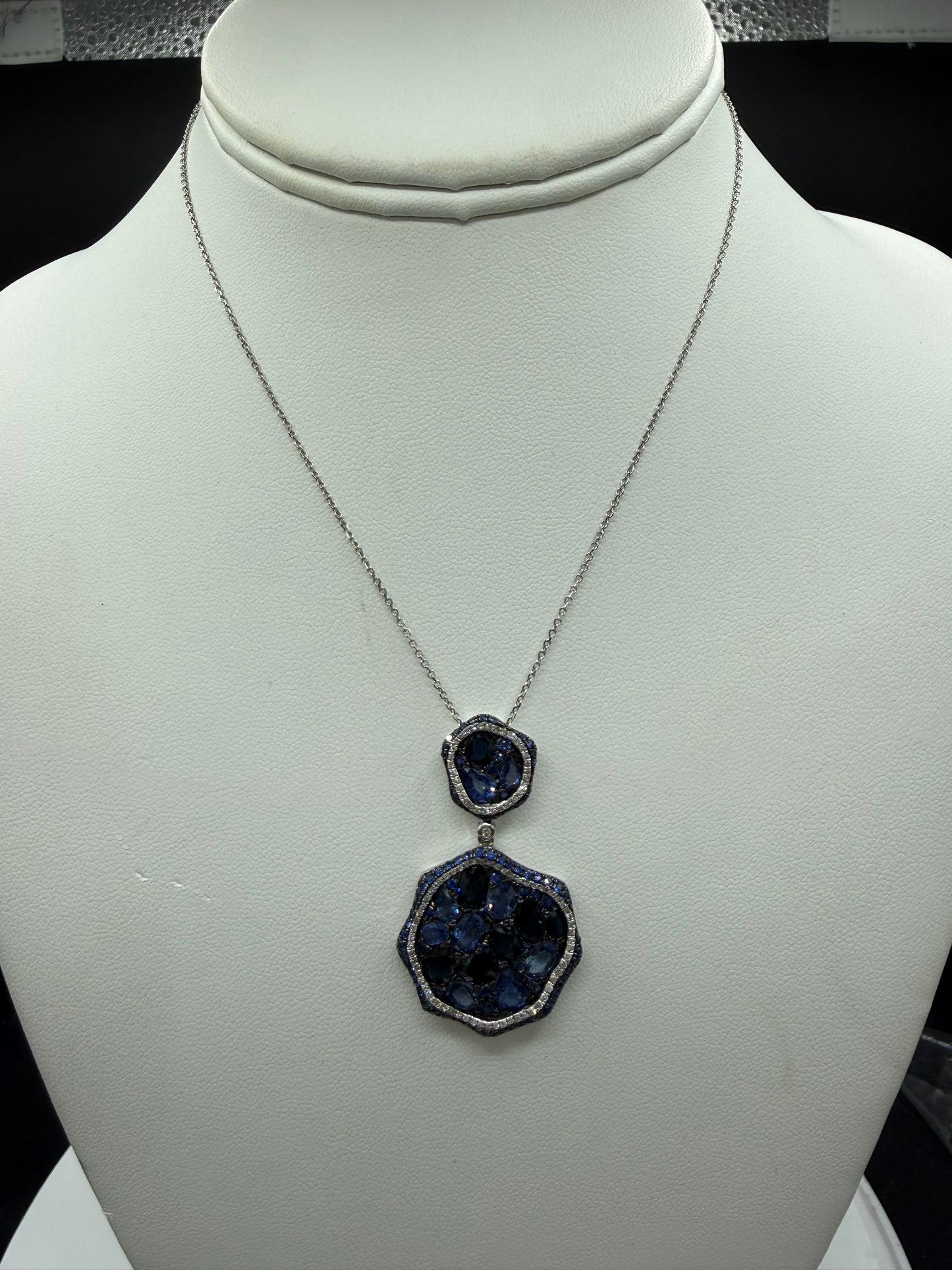 Natural Blue Sapphire & Diamond Pendant 14k White Gold Necklace | 9.40ct Sapphire + 0.36ct Diamonds
