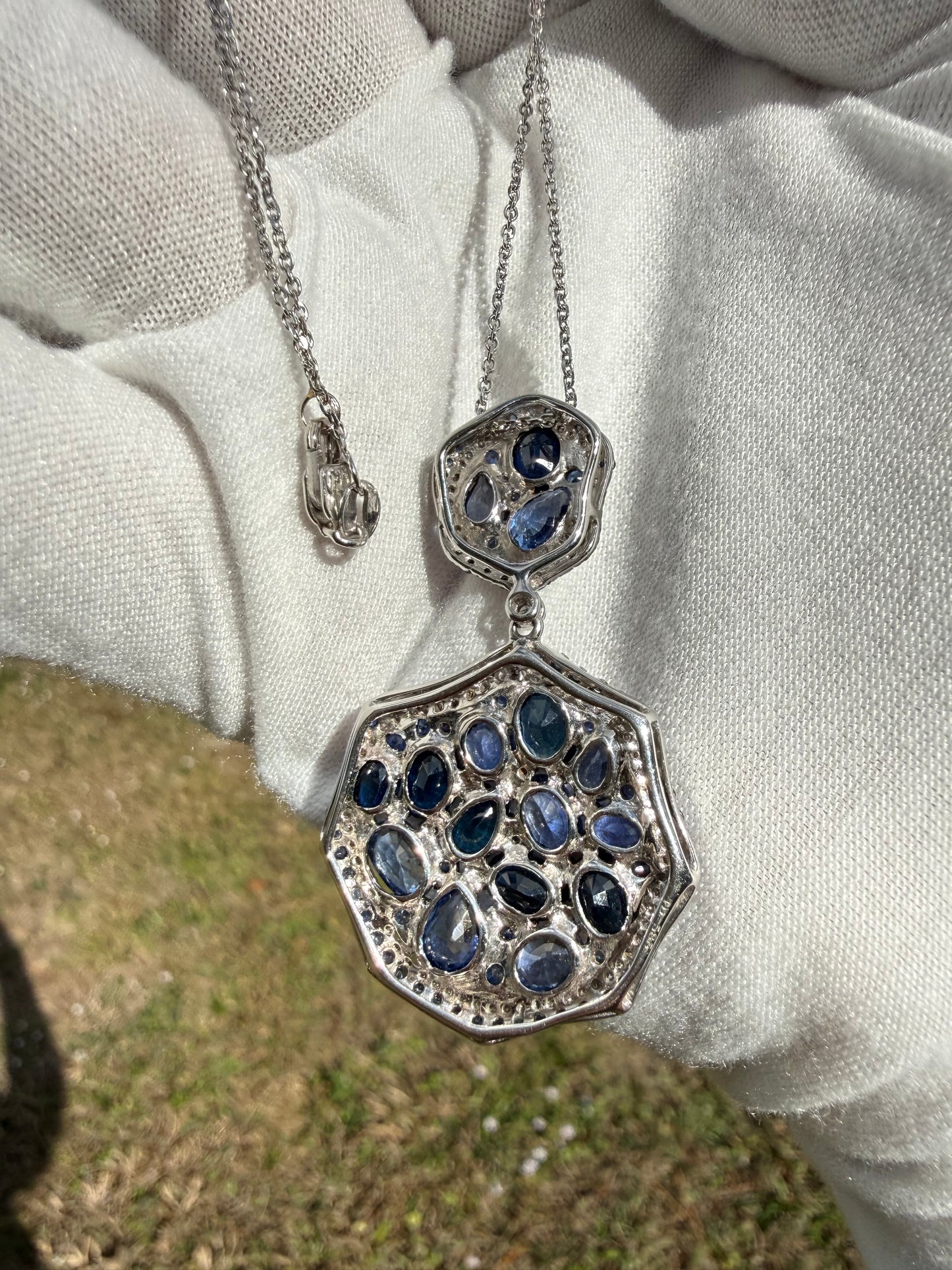 Natural Blue Sapphire & Diamond Pendant 14k White Gold Necklace | 9.40ct Sapphire + 0.36ct Diamonds