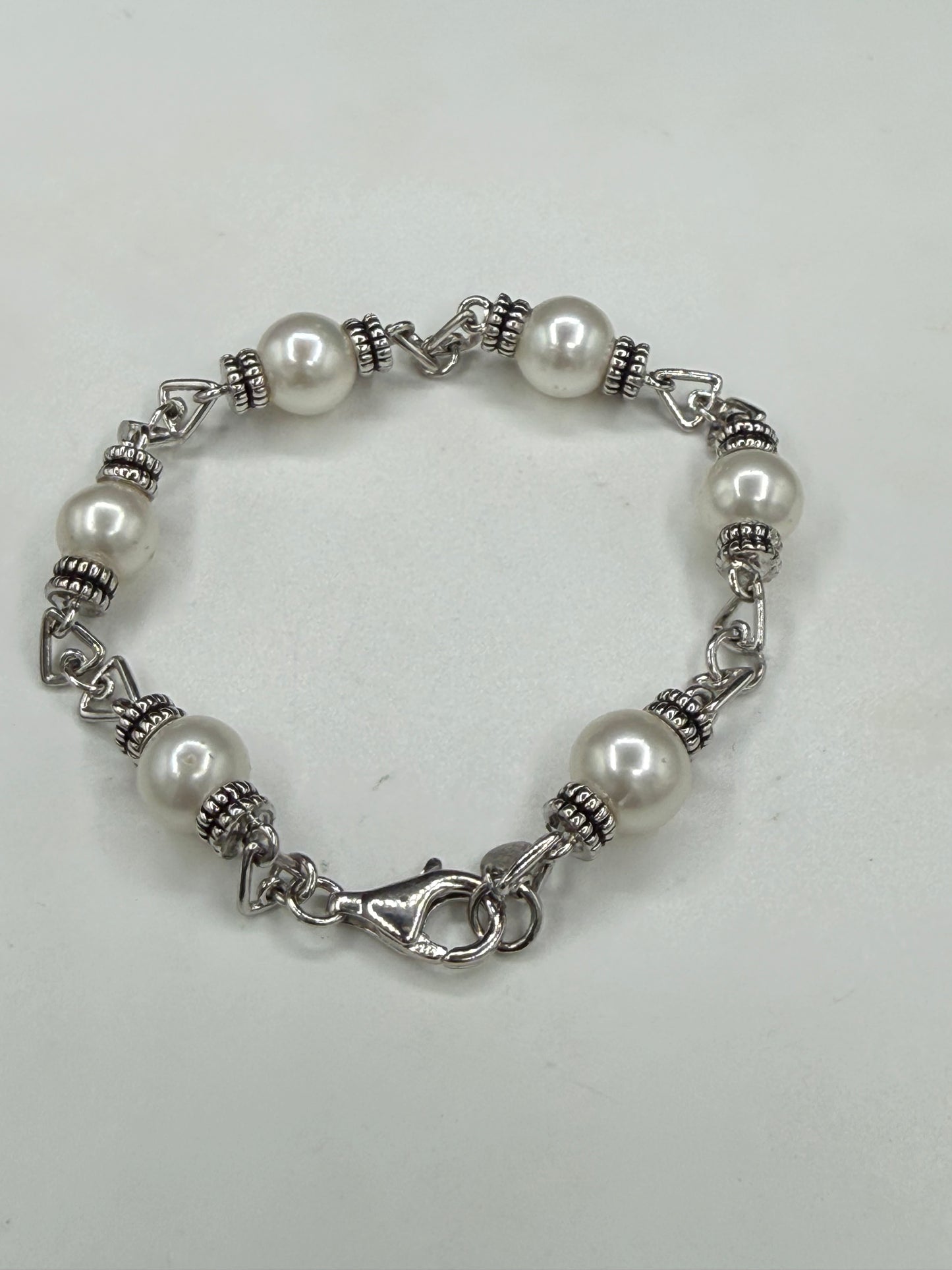 Tara & Sons Cultured Pearl Bracelet | Sterling Silver 925 | Vintage Designer Link Bracelet | 7.75”