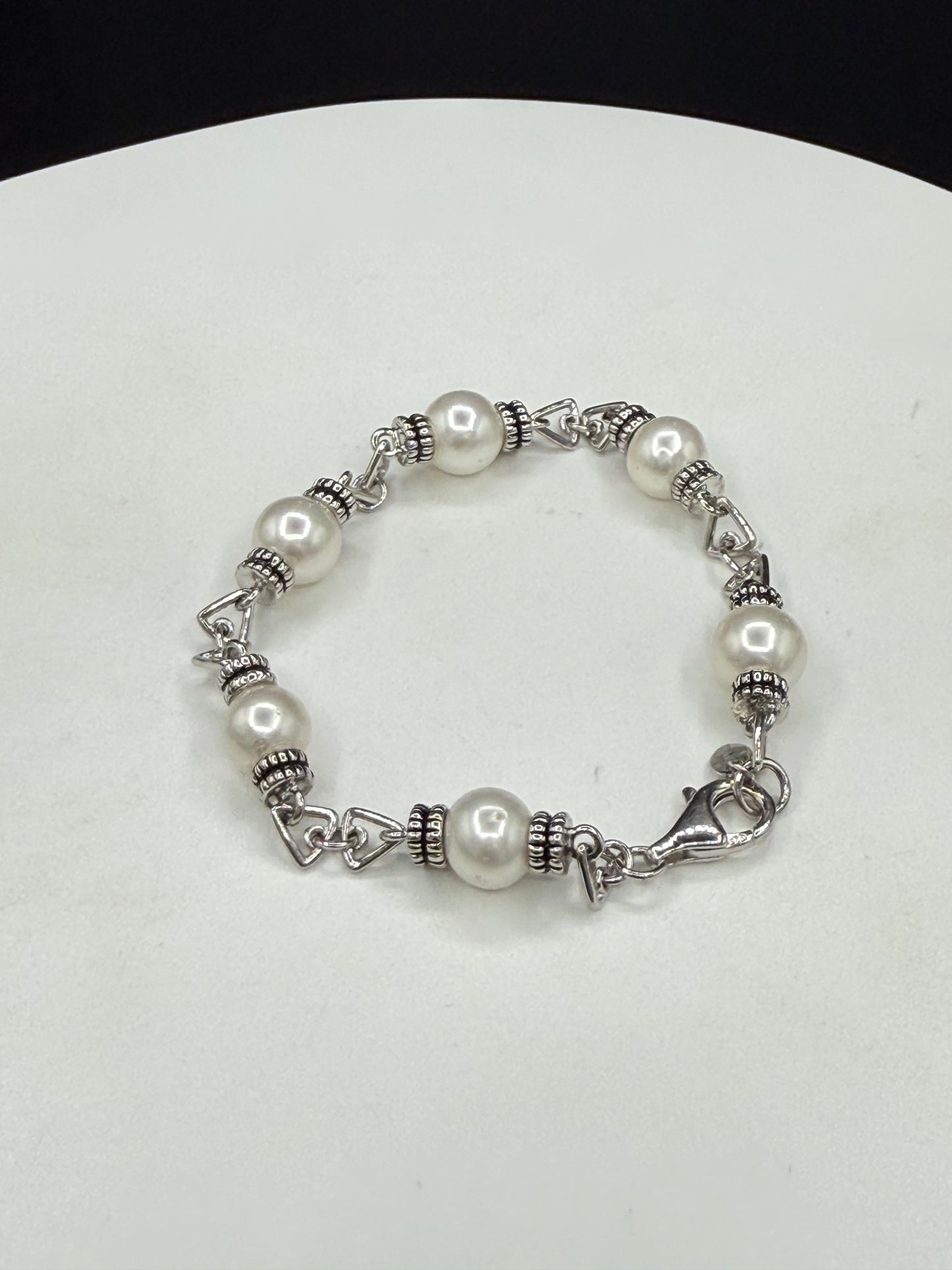 Tara & Sons Cultured Pearl Bracelet | Sterling Silver 925 | Vintage Designer Link Bracelet | 7.75”