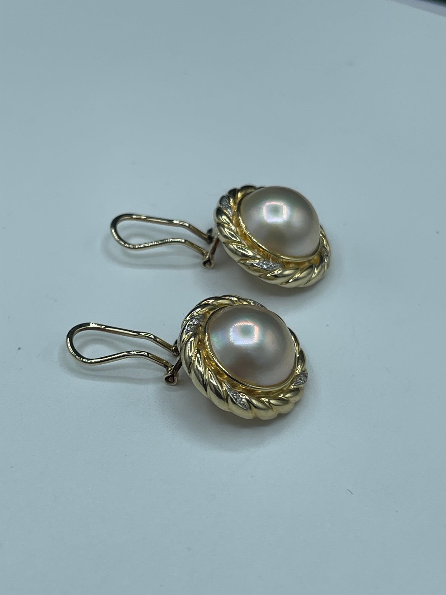 Natural Mabe Pearl & Diamond 14k Yellow Gold Omega Clip On Earrings