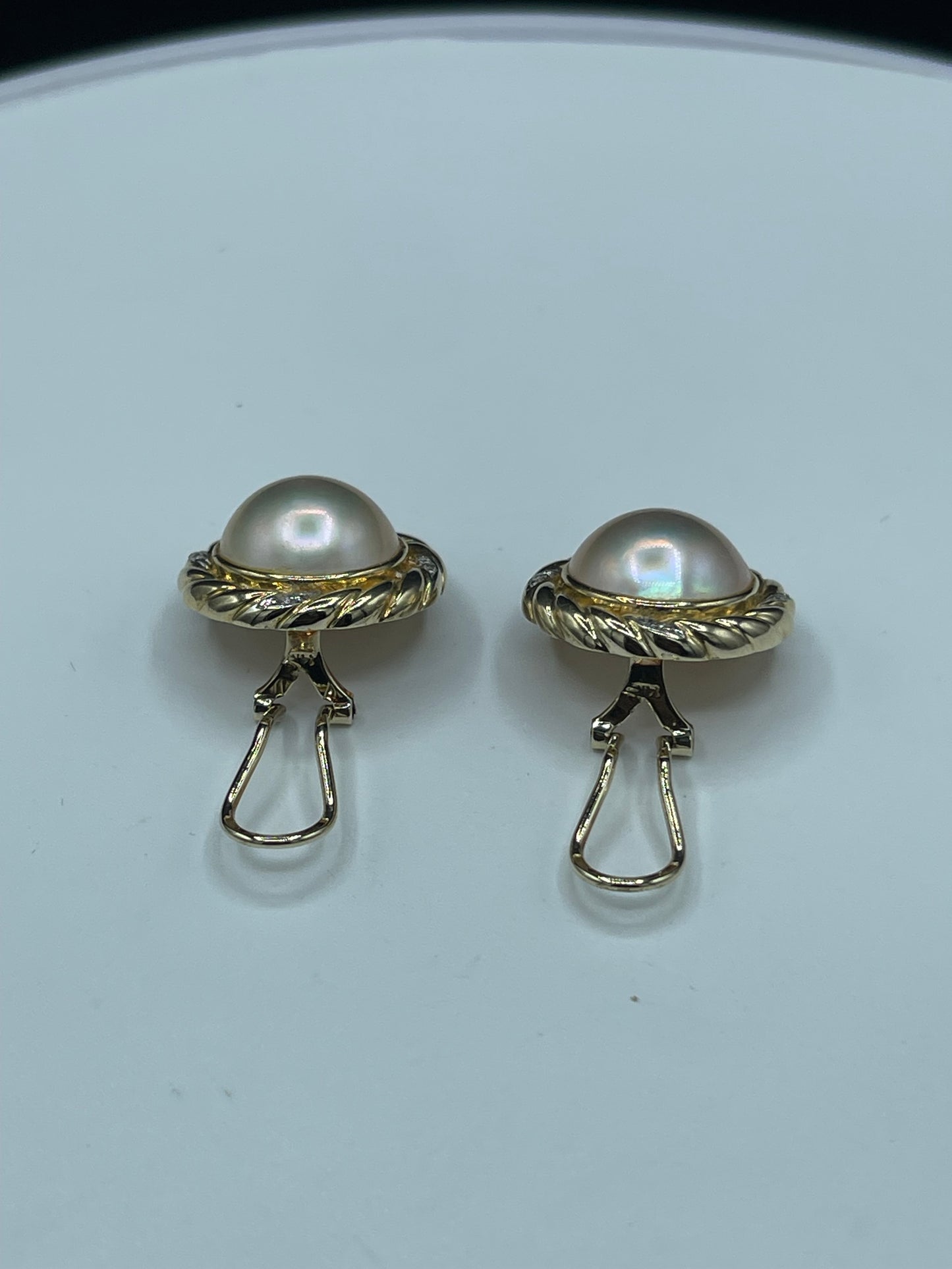 Natural Mabe Pearl & Diamond 14k Yellow Gold Omega Clip On Earrings