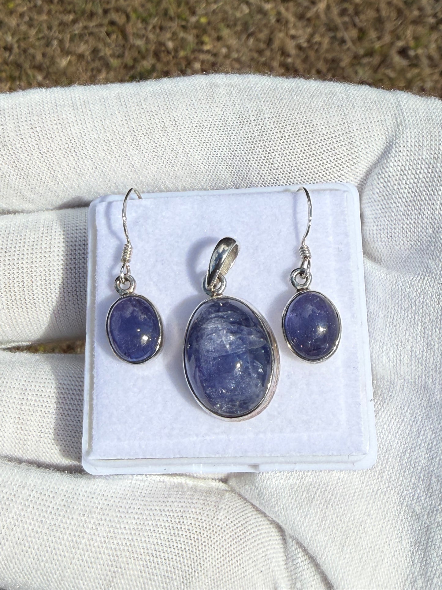 Natural Tanzanite Sterling Silver Jewelry Set | Large Cabochon Pendant & Dangle Earrings