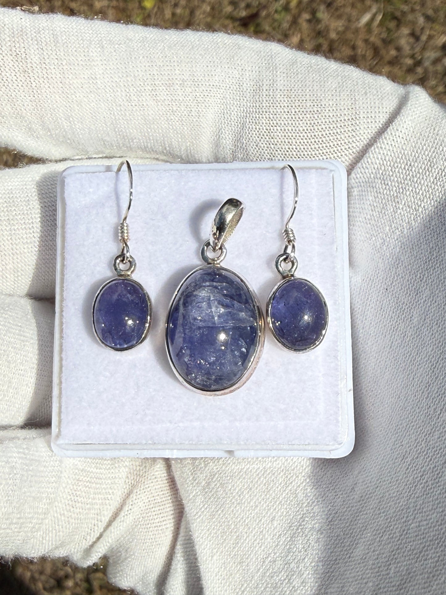 Natural Tanzanite Sterling Silver Jewelry Set | Large Cabochon Pendant & Dangle Earrings