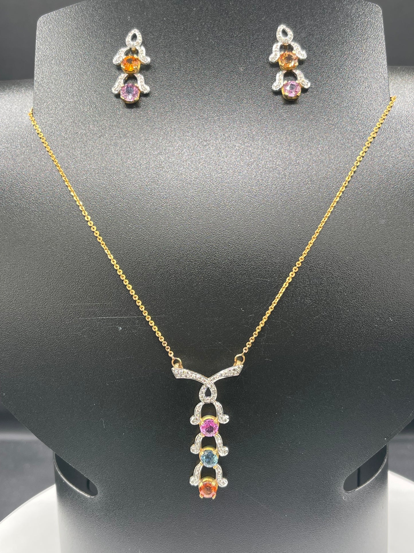 Natural Multi Color Sapphire & Diamond 18k Yellow + White Gold Necklace + Earring Set