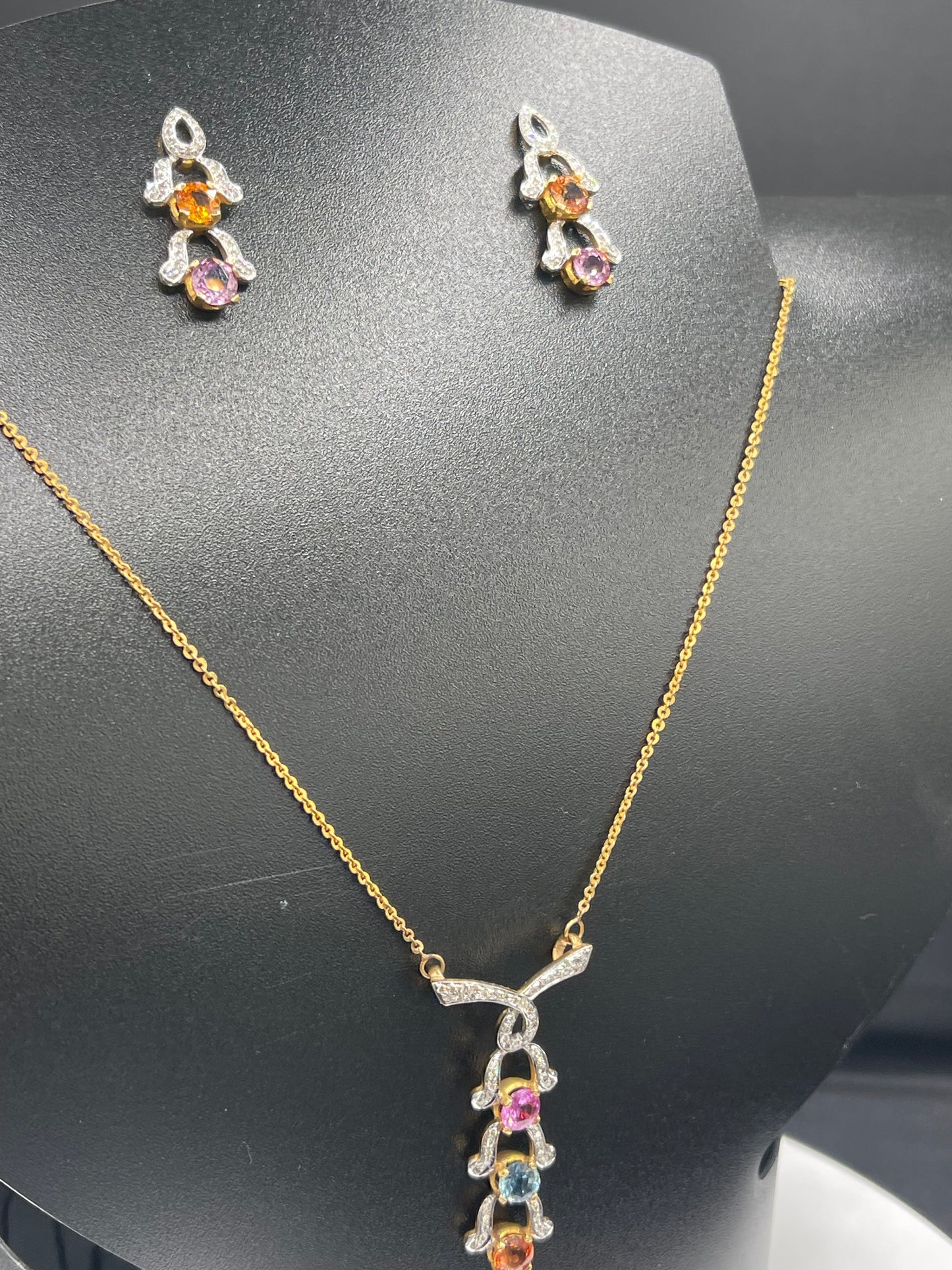 Natural Multi Color Sapphire & Diamond 18k Yellow + White Gold Necklace + Earring Set