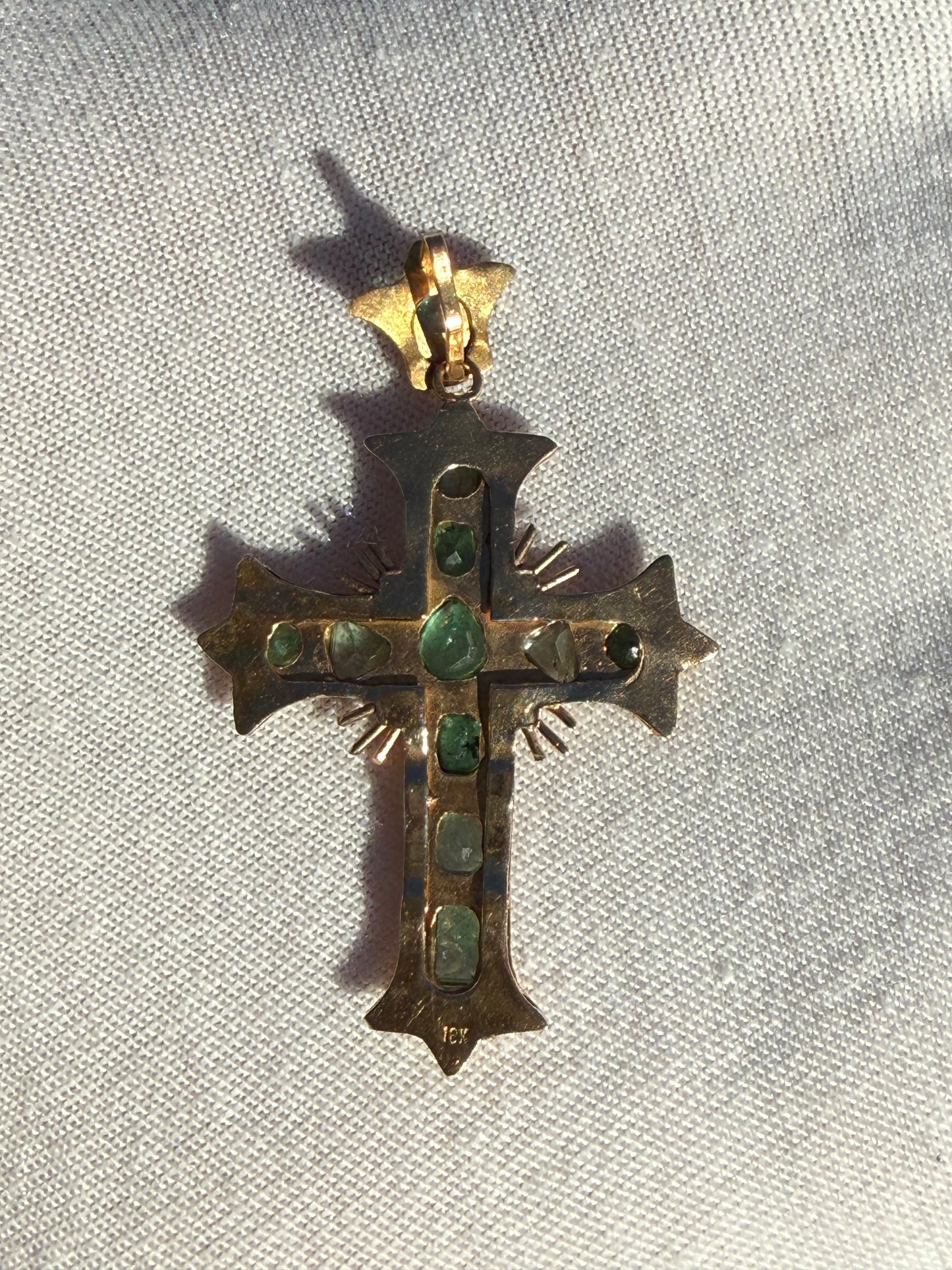 18K Gold Natural Emerald Cross Pendant | Vintage | 1.92 Inch