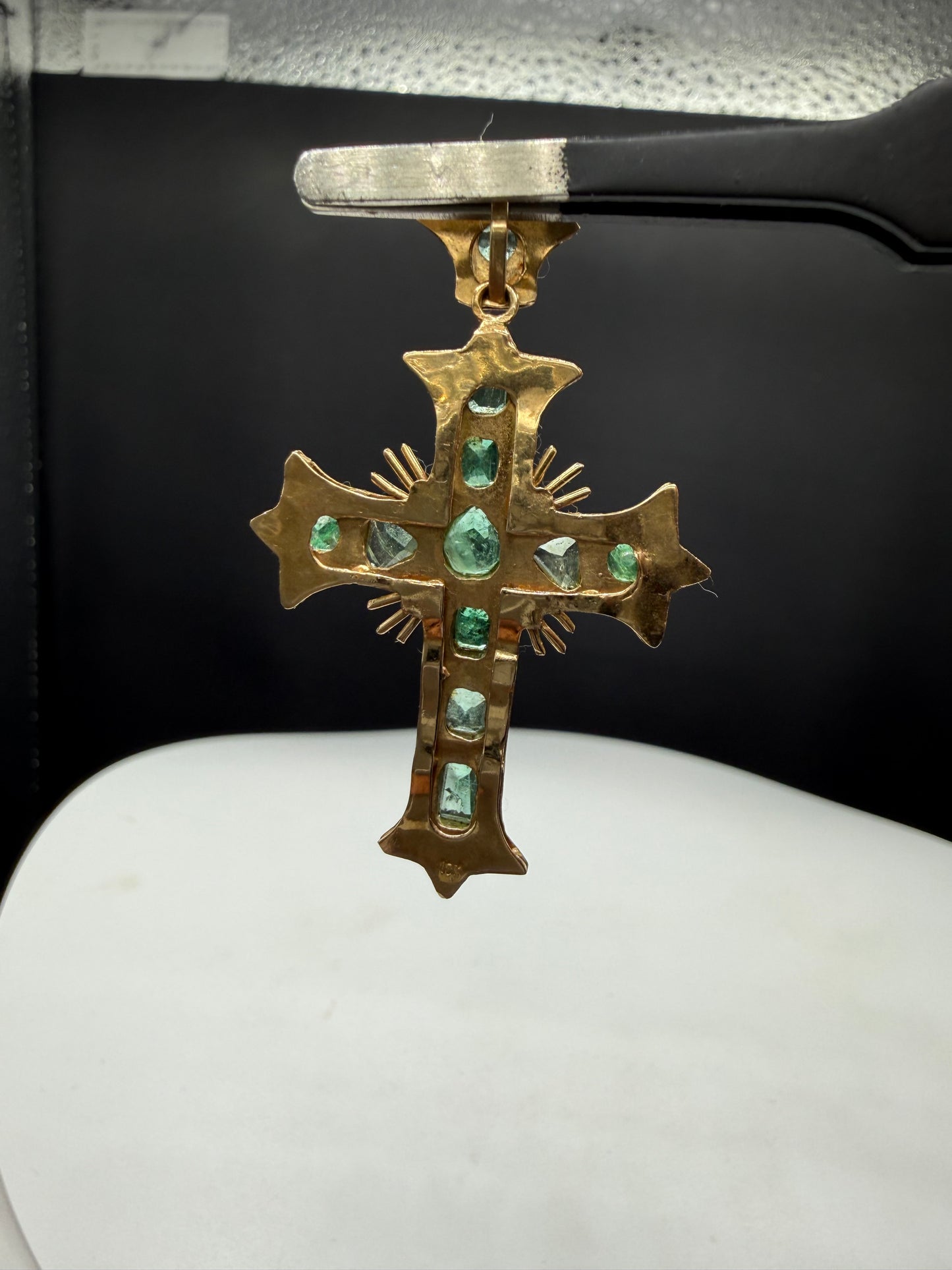 18K Gold Natural Emerald Cross Pendant | Vintage | 1.92 Inch