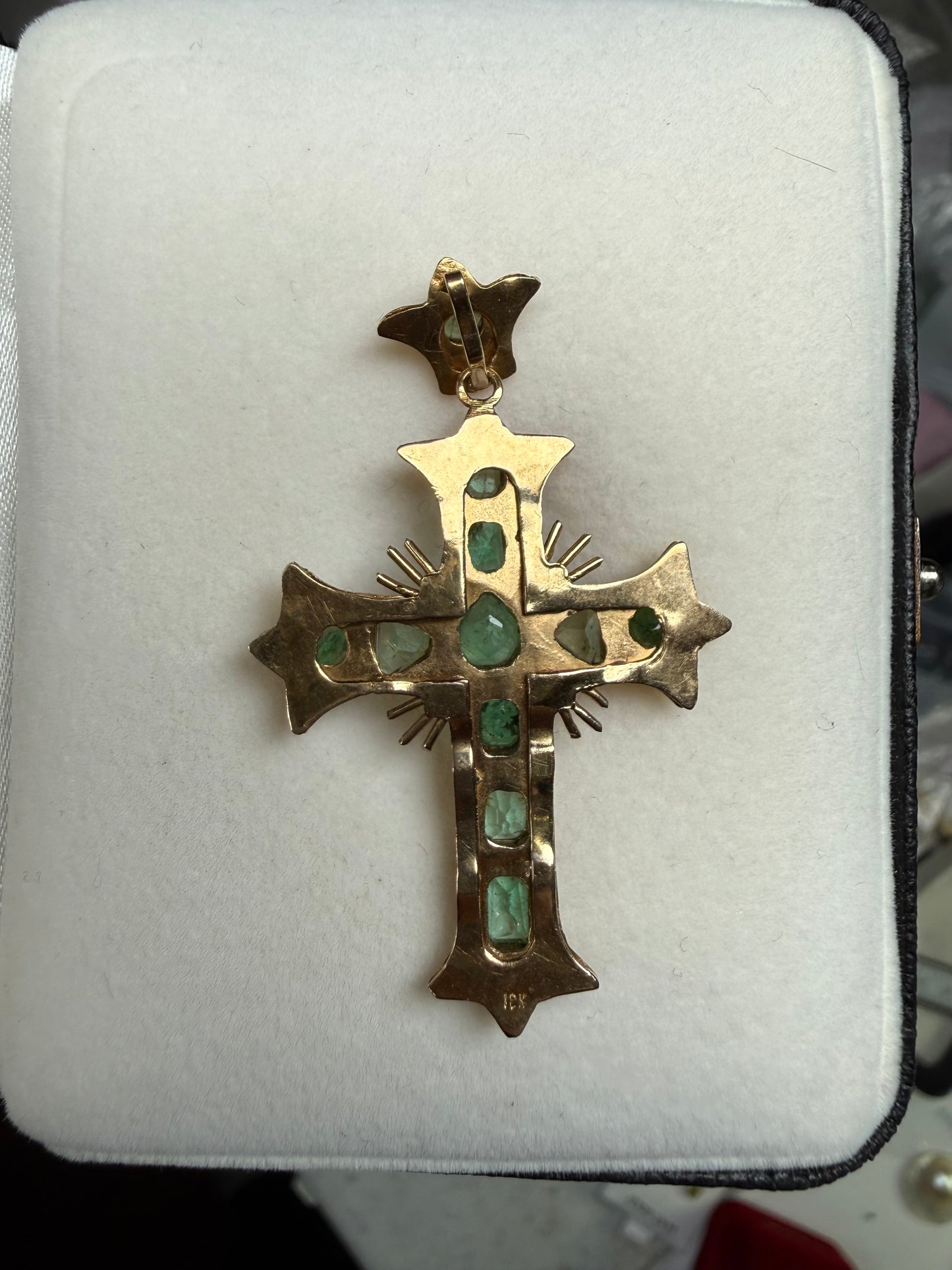 18K Gold Natural Emerald Cross Pendant | Vintage | 1.92 Inch