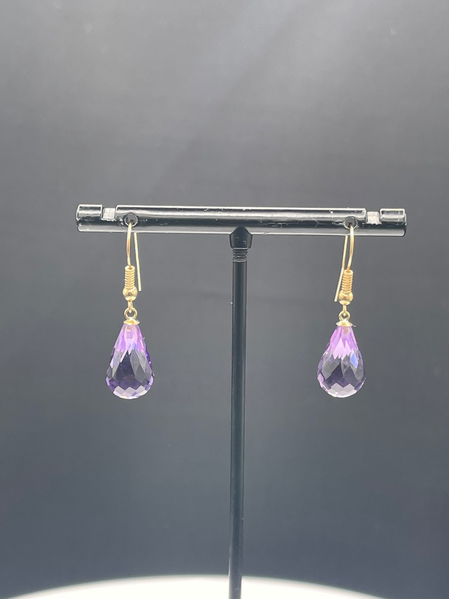 Natural Zambian Amethyst Briolette Cut 14k Yellow Gold Dangle Earrings