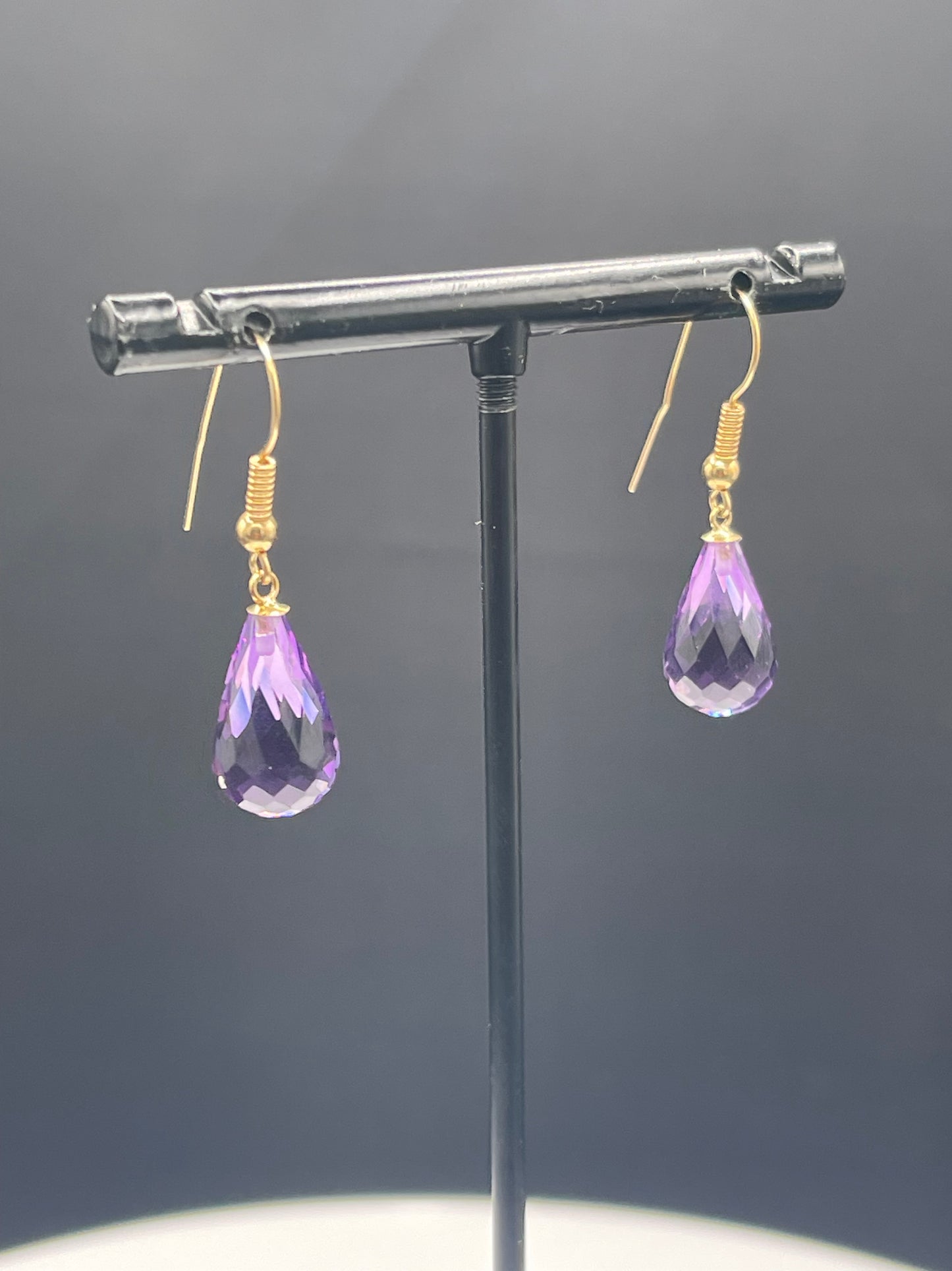 Natural Zambian Amethyst Briolette Cut 14k Yellow Gold Dangle Earrings