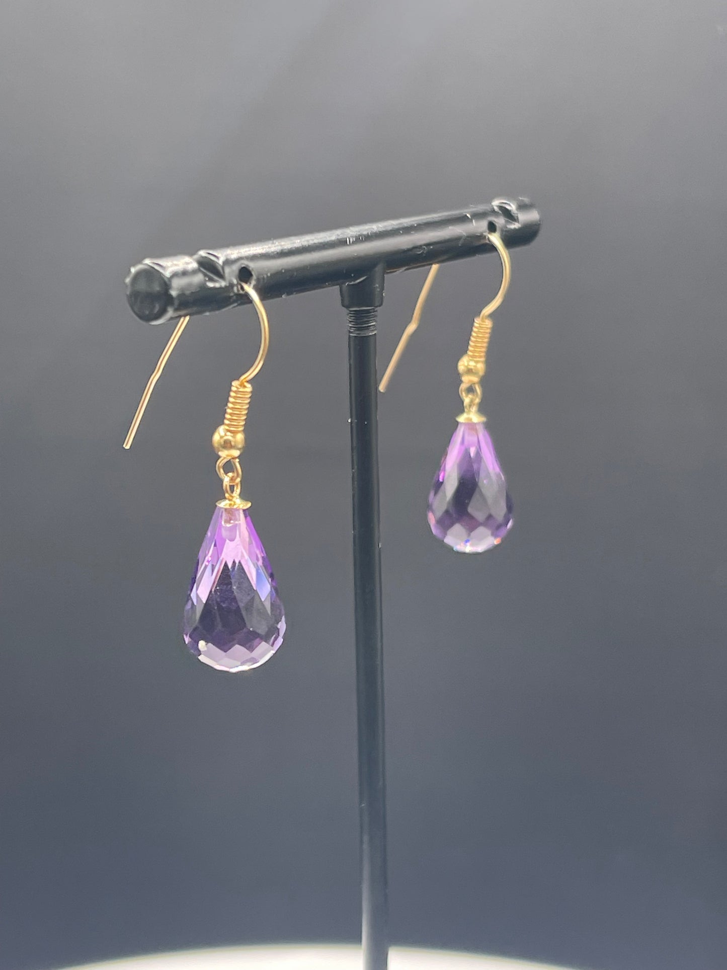 Natural Zambian Amethyst Briolette Cut 14k Yellow Gold Dangle Earrings