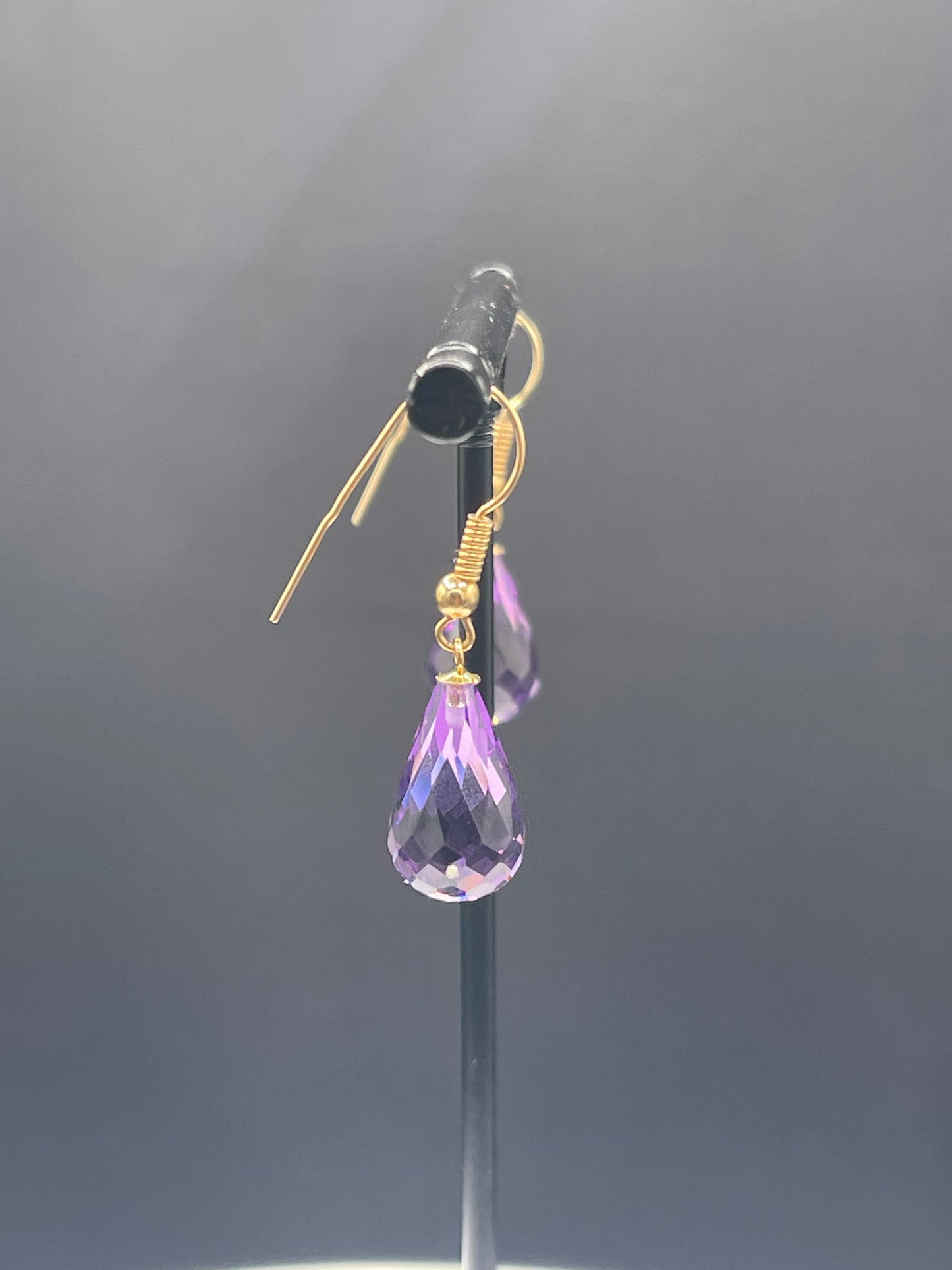 Natural Zambian Amethyst Briolette Cut 14k Yellow Gold Dangle Earrings