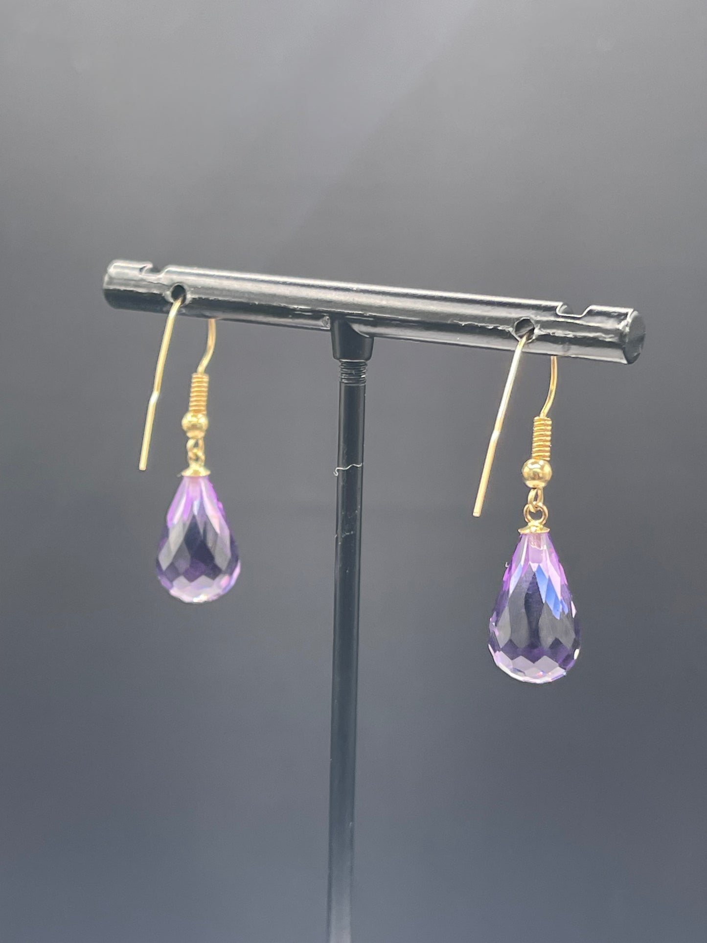 Natural Zambian Amethyst Briolette Cut 14k Yellow Gold Dangle Earrings