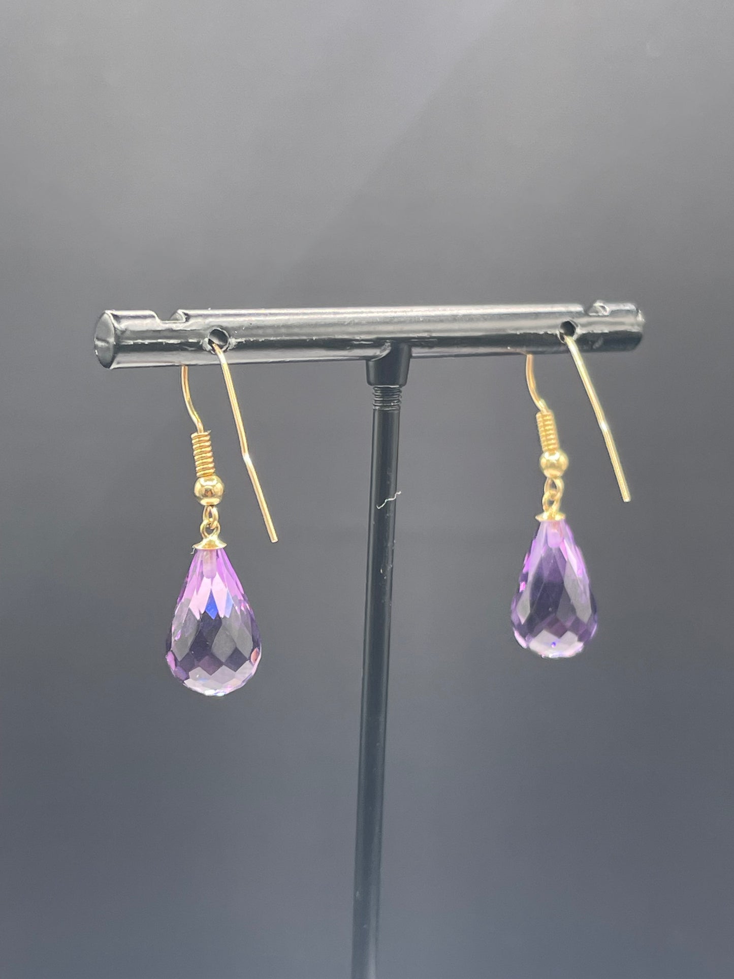 Natural Zambian Amethyst Briolette Cut 14k Yellow Gold Dangle Earrings