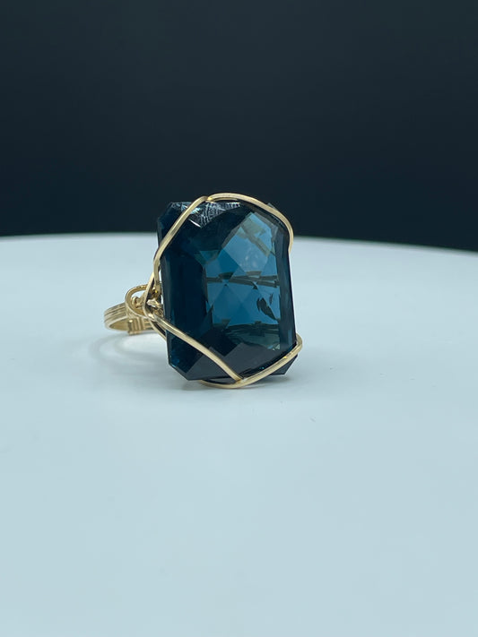 56 Carat Super London Blue Topaz 14k Gold Filled Wire Wrapped Ring (Size 8.5)