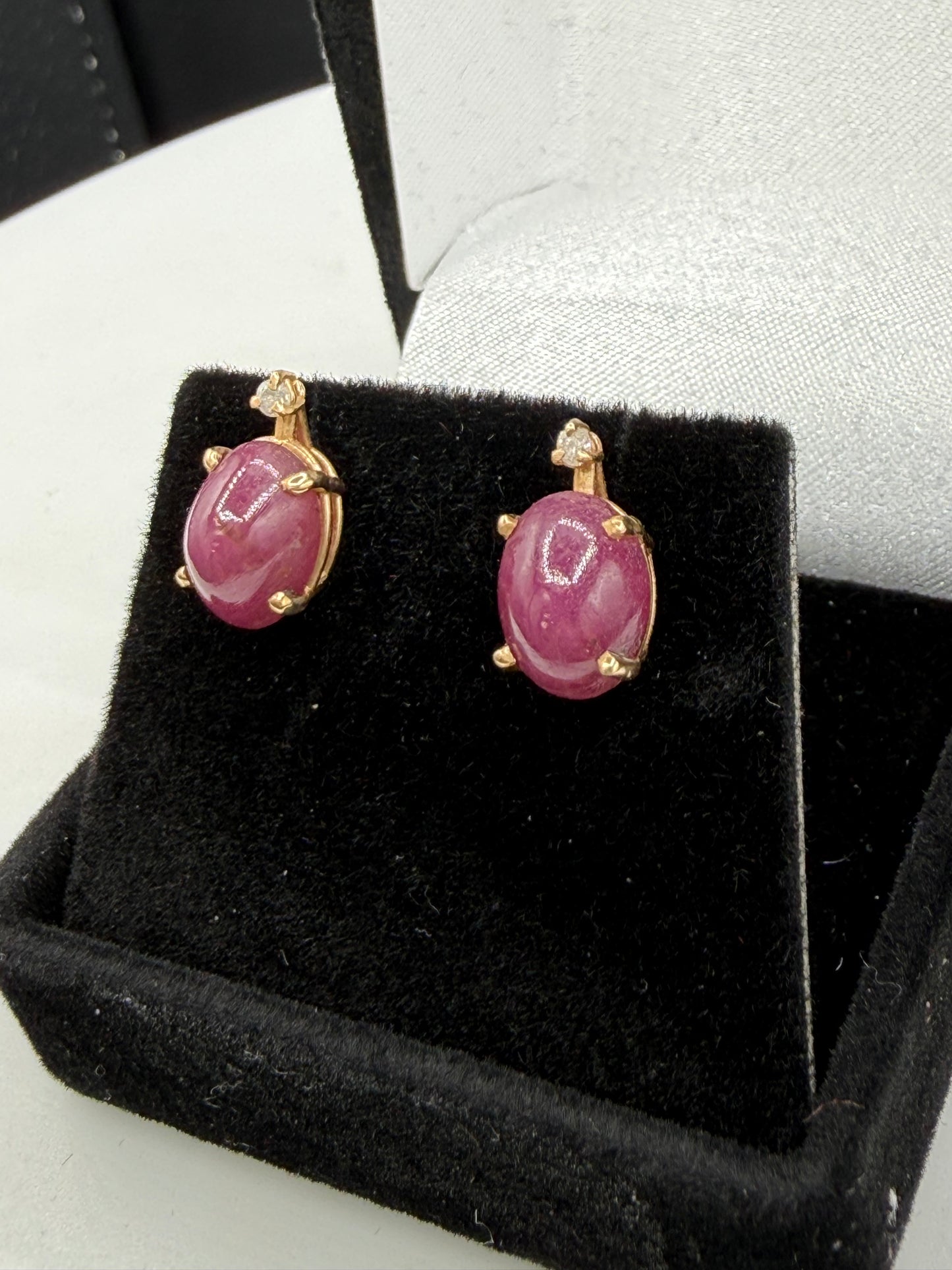 Natural Unheated Ruby Cabochon & Diamond 14K Yellow Gold Earrings – 7.00 CTW Ruby