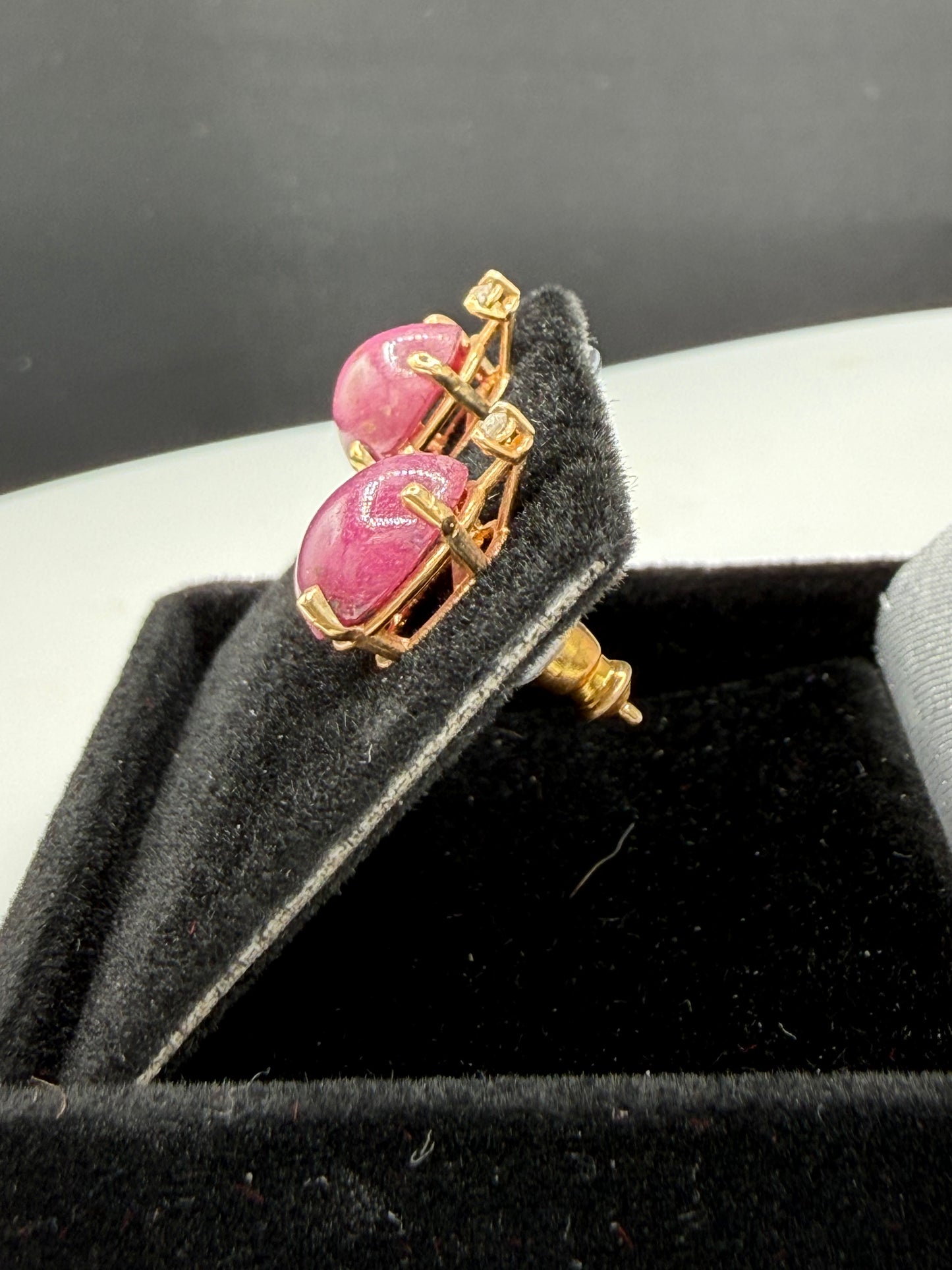 Natural Unheated Ruby Cabochon & Diamond 14K Yellow Gold Earrings – 7.00 CTW Ruby