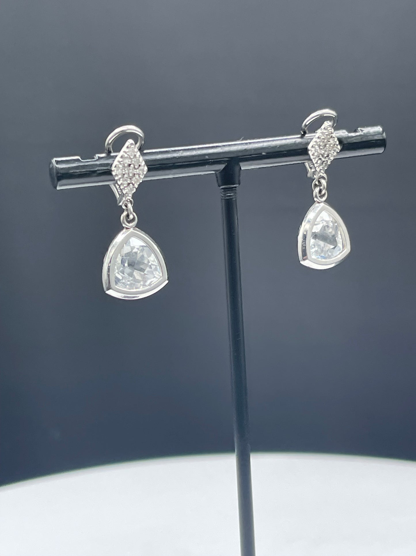 Natural White Topaz & Diamond 14k White Gold Omega Clip On Dangle Earrings