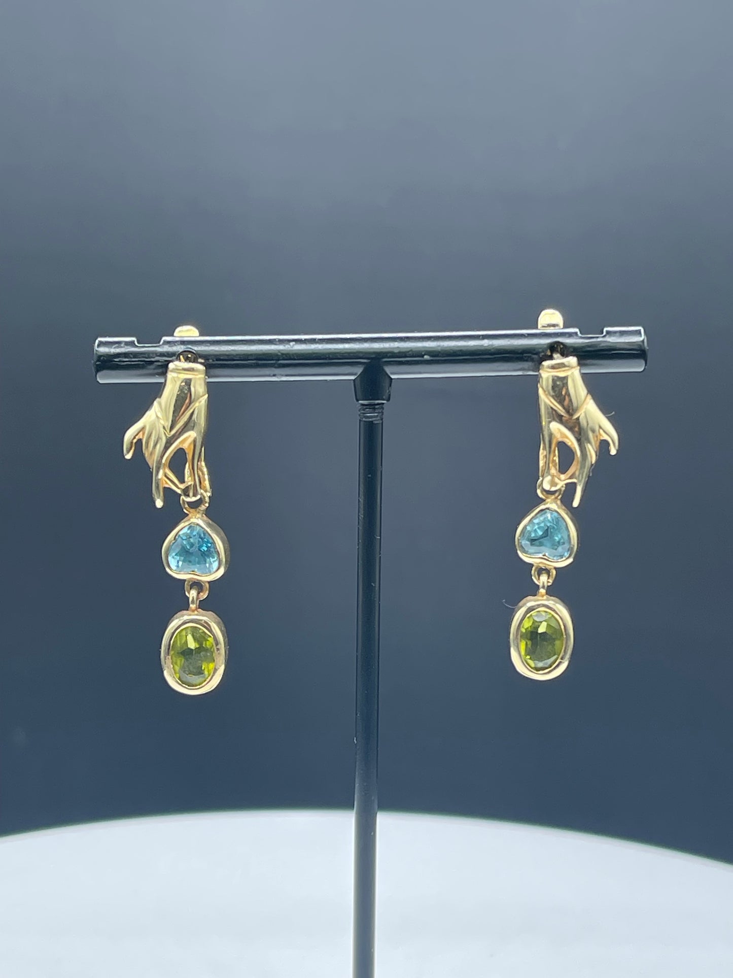 Solid 14k Yellow Gold Hand Blue Topaz & Peridot Dangle Earrings