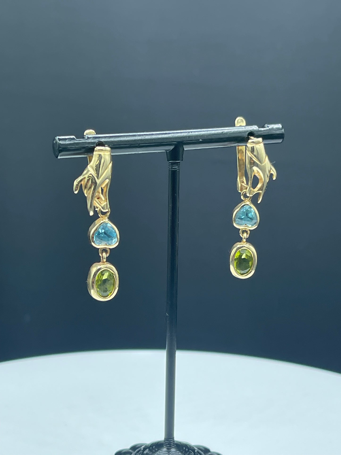 Solid 14k Yellow Gold Hand Blue Topaz & Peridot Dangle Earrings