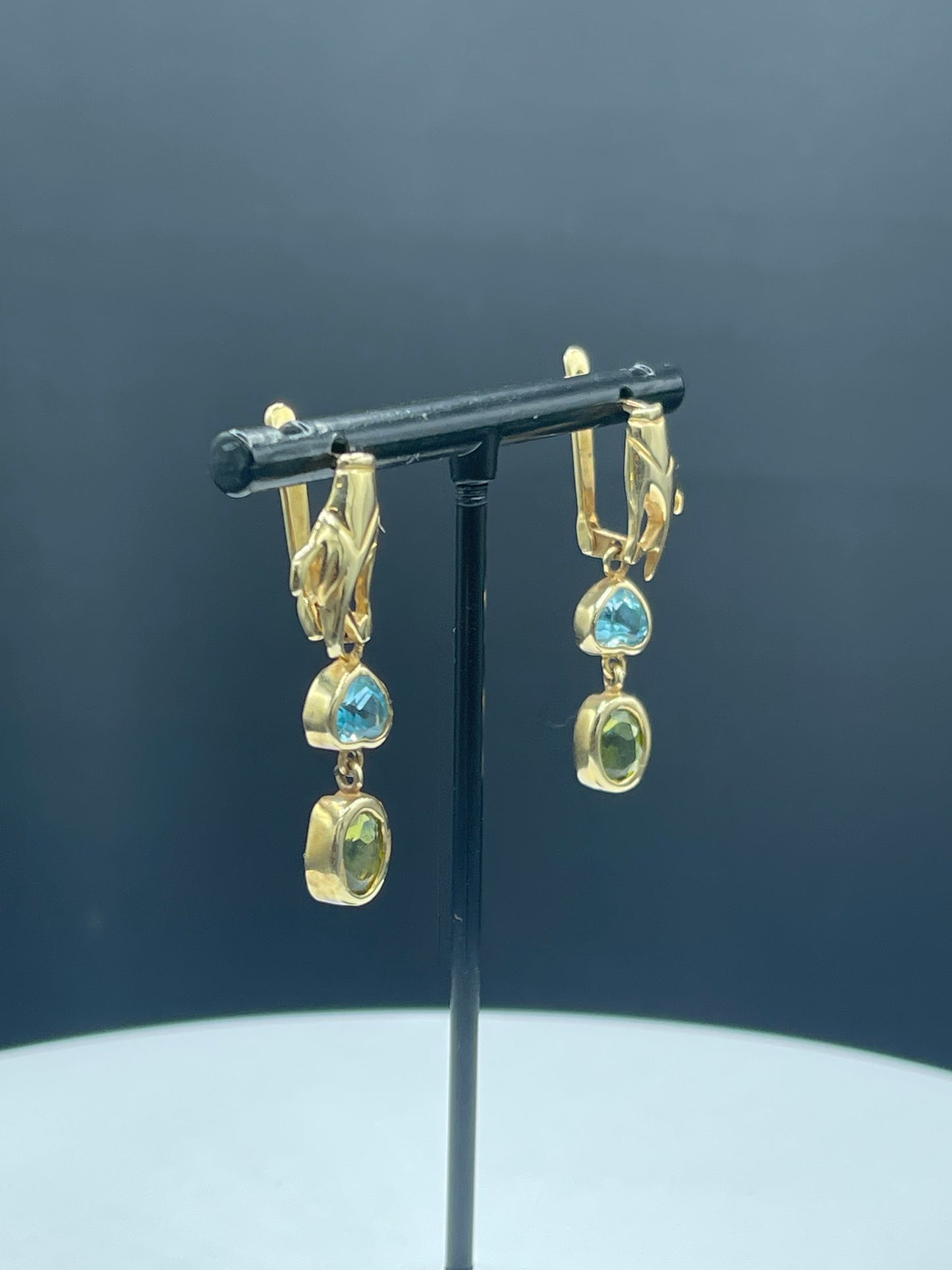 Solid 14k Yellow Gold Hand Blue Topaz & Peridot Dangle Earrings