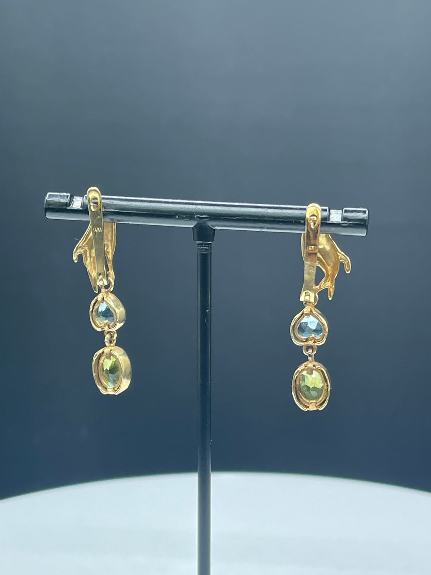 Solid 14k Yellow Gold Hand Blue Topaz & Peridot Dangle Earrings