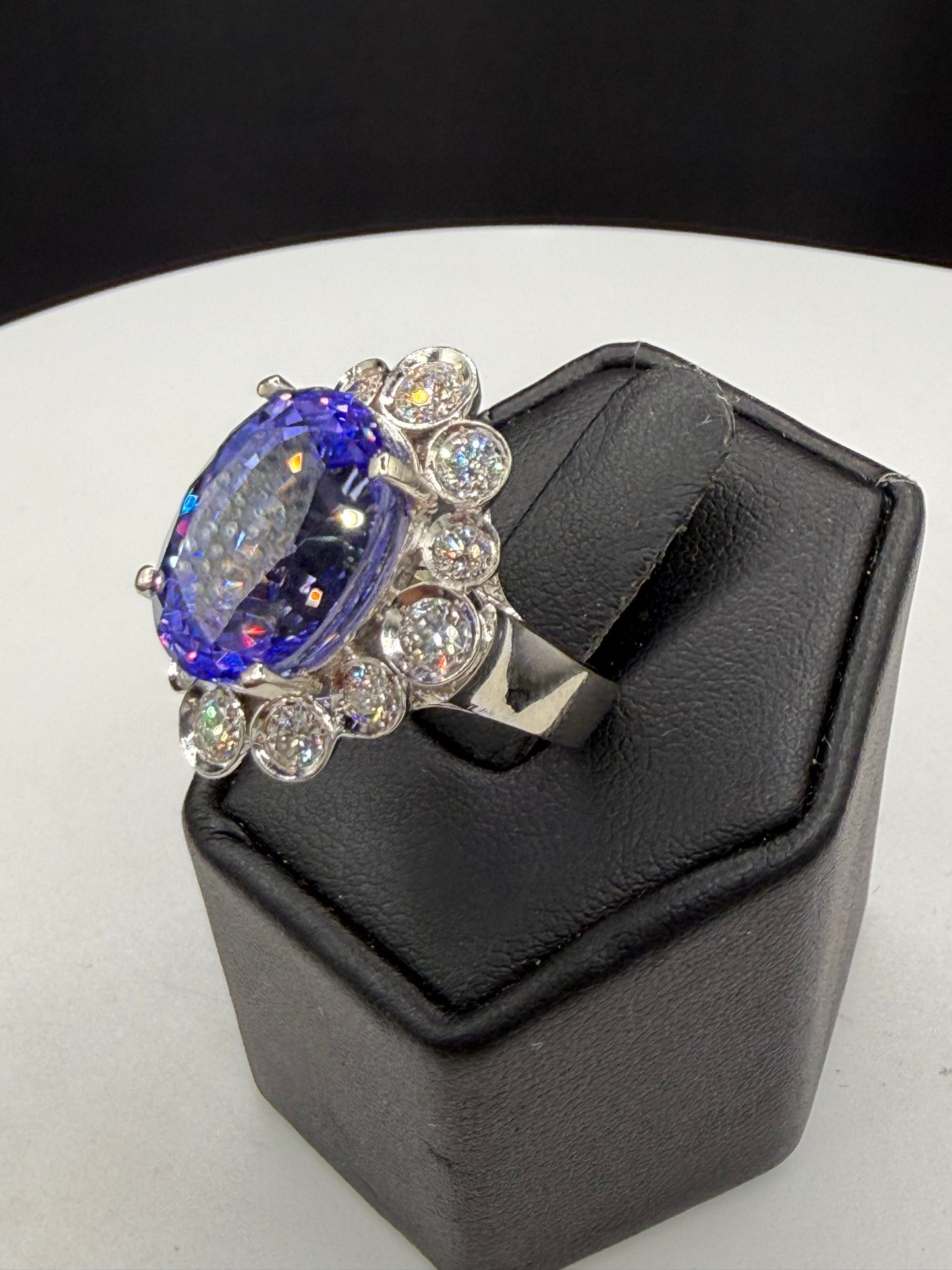 14.00 CTW Natural Tanzanite & Diamond Halo 14K White Gold Ring | Size 6.25