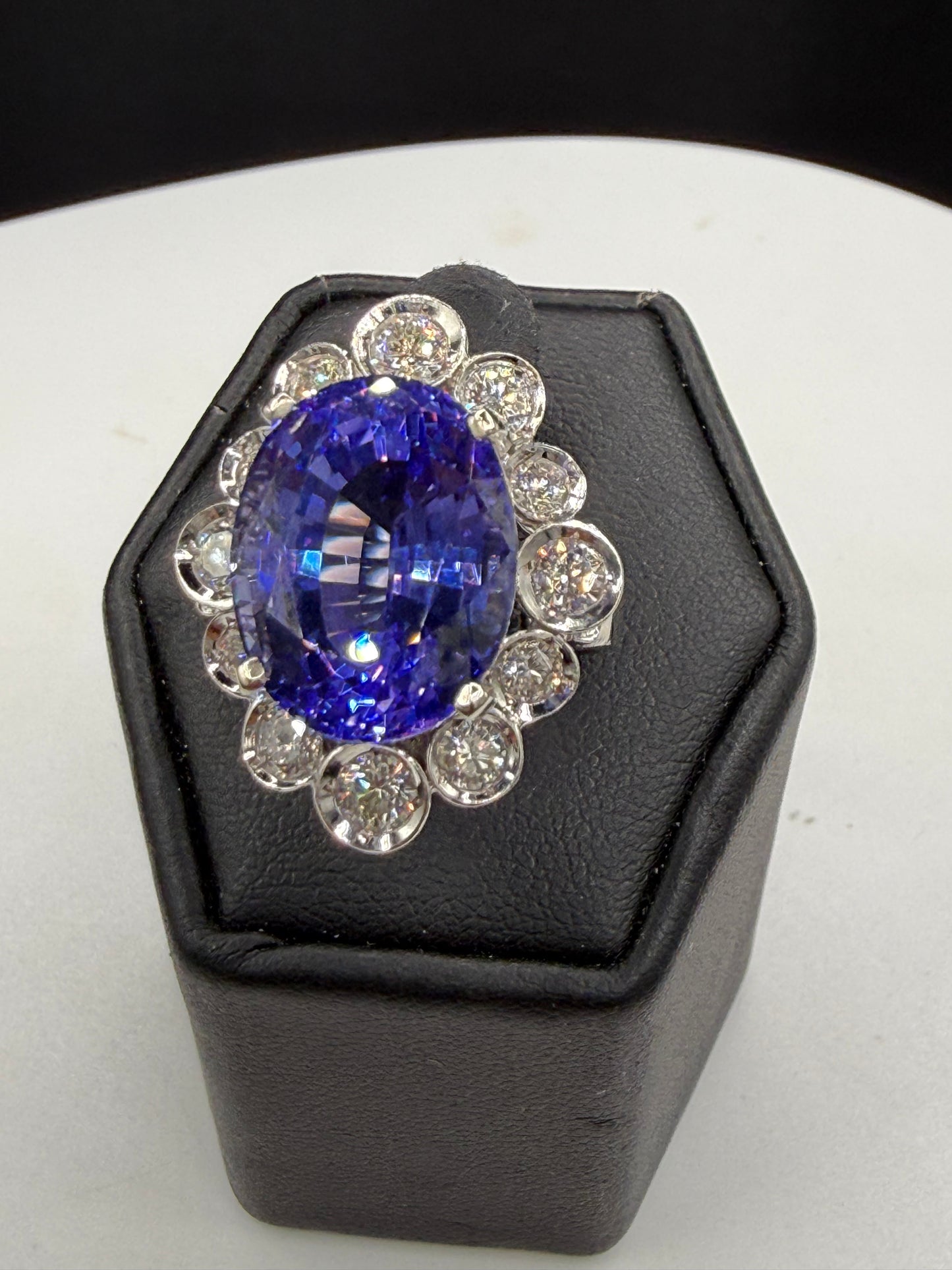 14.00 CTW Natural Tanzanite & Diamond Halo 14K White Gold Ring | Size 6.25
