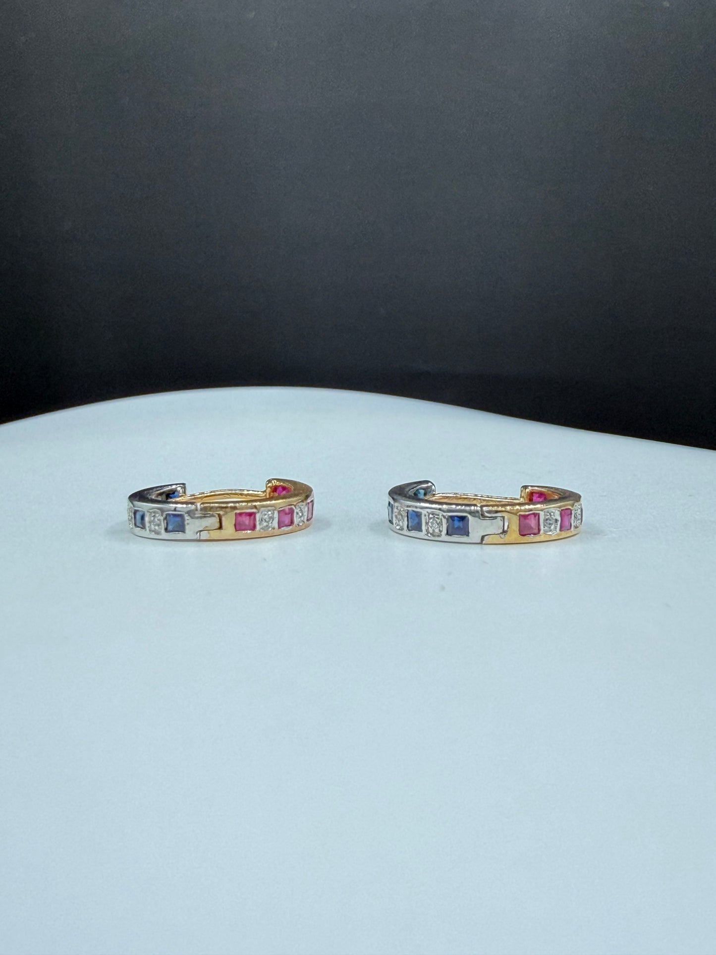 Natural Ruby Sapphire & Diamond 14k Yellow + White Gold Huggie Hoop Earrings