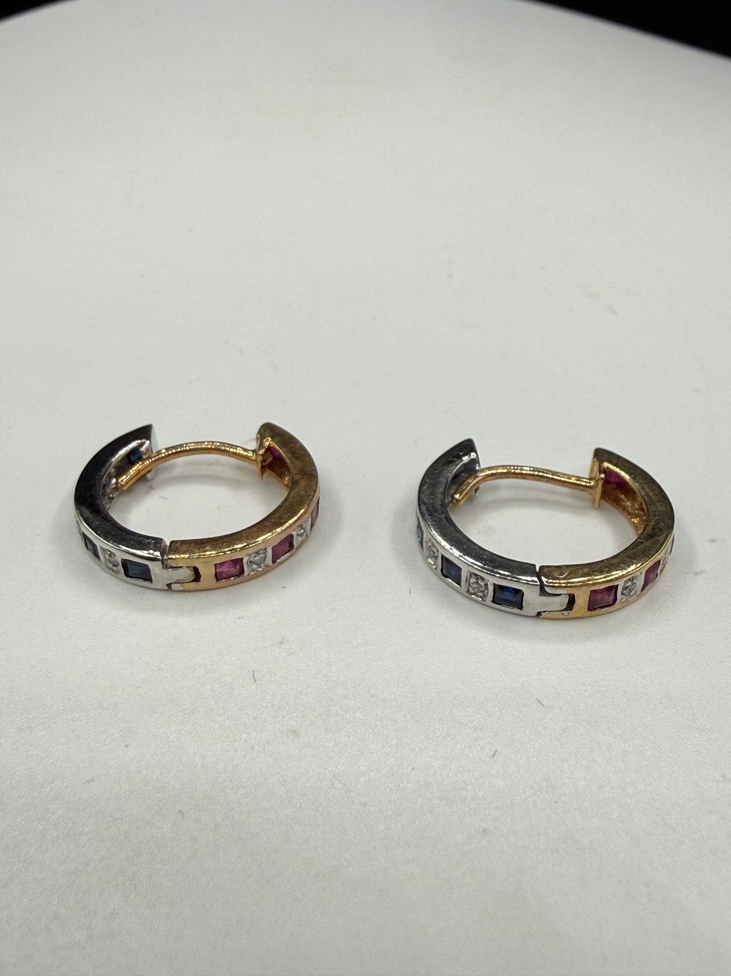 Natural Ruby Sapphire & Diamond 14k Yellow + White Gold Huggie Hoop Earrings