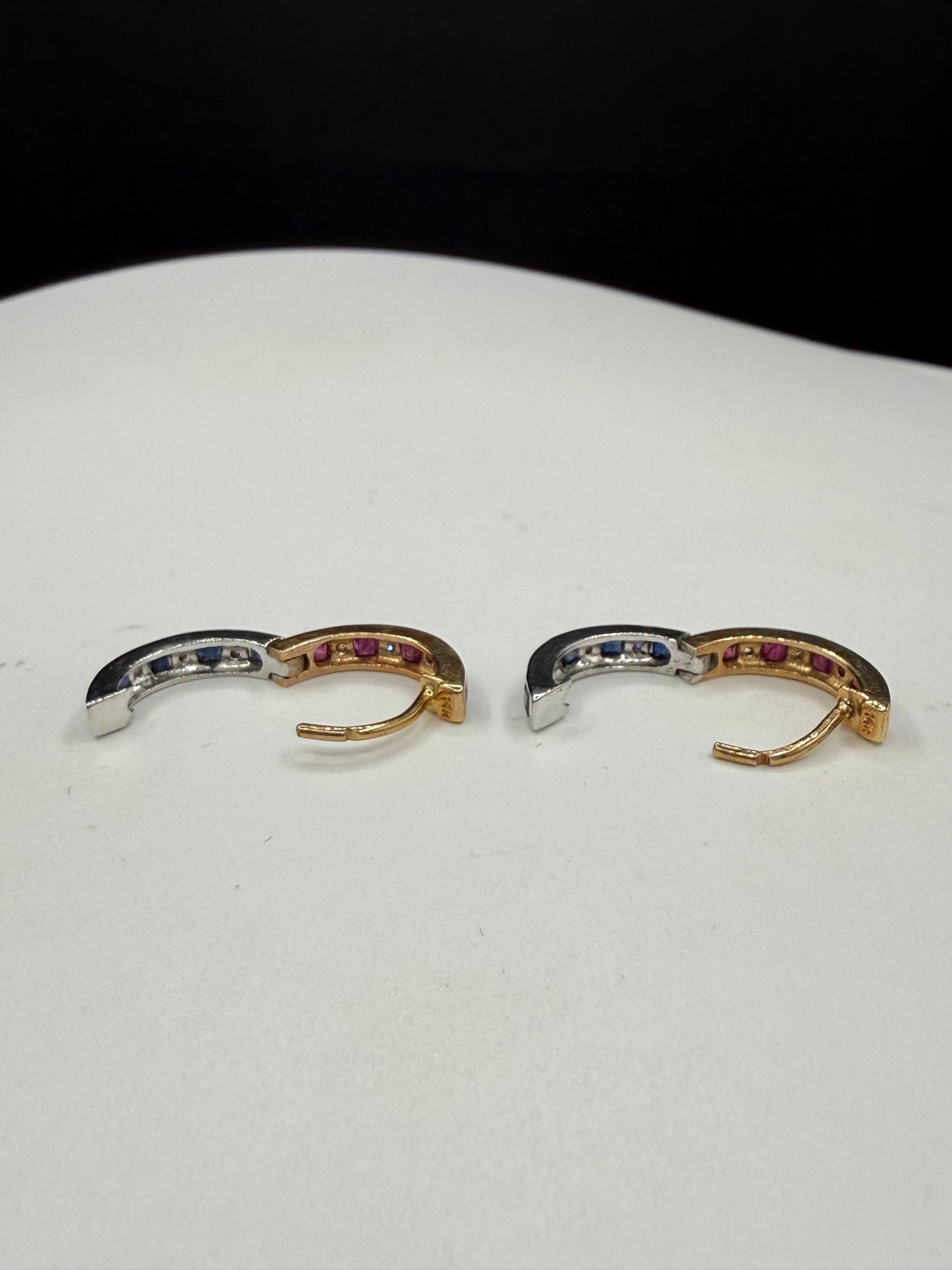 Natural Ruby Sapphire & Diamond 14k Yellow + White Gold Huggie Hoop Earrings